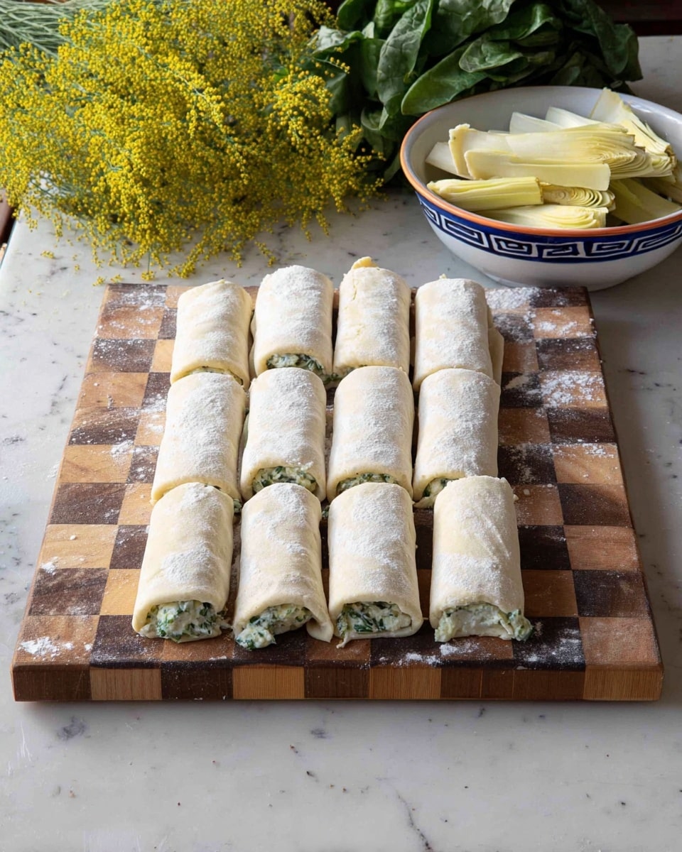 The image shows six rolled tubes of dough filled with a green and white creamy mixture, laid out side by side on a wooden checkerboard cutting board. The dough looks soft and dusted lightly with flour, while the filling peeks out slightly between the rolls. In the background, there is a white bowl with a blue and copper rim holding pale yellow artichoke pieces, and a bunch of fresh spinach leaves beside it. To the left of the cutting board, there is a sprig of small bright yellow flowers. All items sit on a white marbled surface. photo taken with an iphone --ar 4:5 --v 7