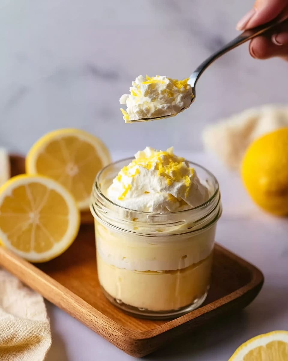 The image shows a clear glass jar with three visible layers: the bottom layer is a pale yellow creamy lemon base, the middle layer is a thicker, slightly lighter yellow cream, and the top layer is a fluffy white cream with lemon zest scattered on top. A spoon with a scoop of the fluffy cream and some lemon zest is held above the jar by a woman's hand. The jar is placed on a wooden tray with a lemon next to it, and in the background, there is a white marbled surface with a half-cut lemon. Photo taken with an iphone --ar 4:5 --v 7