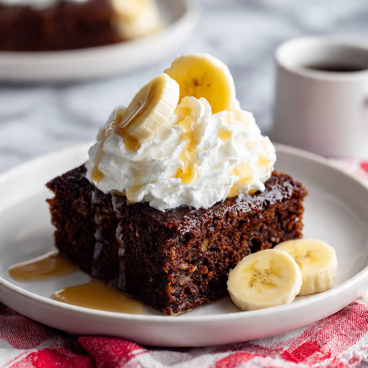 The image shows a white plate with a single square slice of dark brown cake, with a moist and textured surface. On top of the cake, there is a swirl of white whipped cream with two pale yellow banana slices placed vertically into it. A light-colored syrup is drizzled over the cake and whipped cream, pooling slightly on the plate. Around the cake on the plate, there are five banana slices arranged in a small cluster. The background has a white marbled surface with a blurred cup and another plate with the same dessert in the back. There is also a hint of a red and white cloth at the bottom edge of the image. Photo taken with an iphone --ar 4:5 --v 7