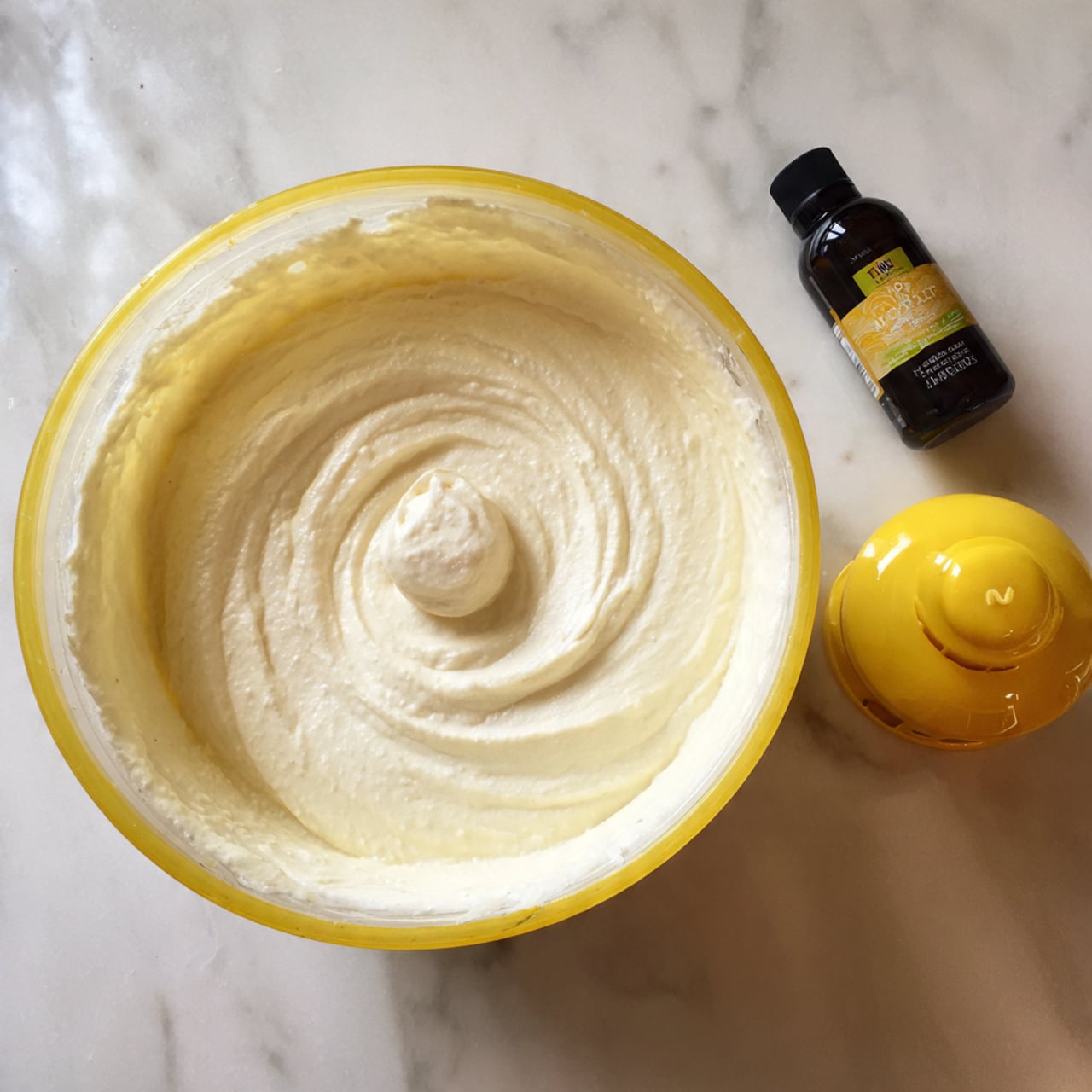 The image shows a clear food processor bowl filled with a smooth, creamy white mixture. The mixture has soft, swirling textures and occupies the whole bowl in a single thick layer. Beside the bowl, there is a bright yellow citrus squeezer placed on a white marbled surface, along with a dark bottle with a label laying horizontally, partially visible. photo taken with an iphone --ar 4:5 --v 7