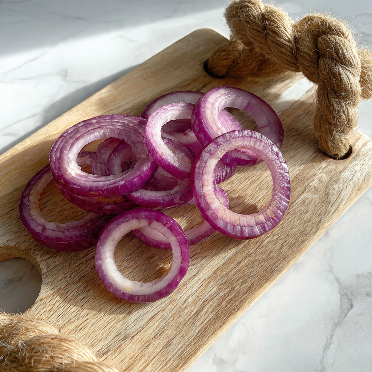 The image shows several thin, round purple onion rings spread over a wooden cutting board with a rope loop on the right side. The onion rings vary in size with some complete rings and some broken, showing smooth, translucent layers with a slight shine. The cutting board has a natural light brown wood grain texture, placed on a white marbled surface. photo taken with an iphone --ar 4:5 --v 7