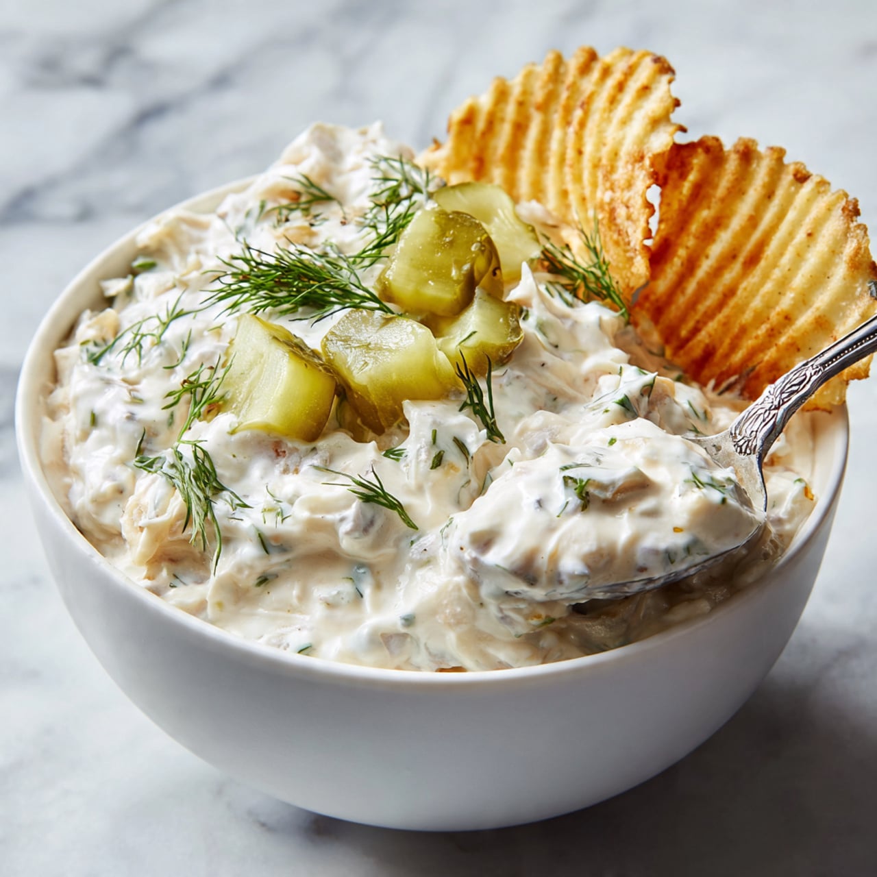 A white bowl filled with a thick, creamy dip that has a pale off-white color with visible small green dill flakes and bits of white onion mixed in. On top, there are small cubes of green pickles scattered in the center with light sprinklings of chopped dill and black pepper. The texture looks smooth but with some chunks spread throughout. The bowl sits on a white marbled surface. Photo taken with an iphone --ar 4:5 --v 7