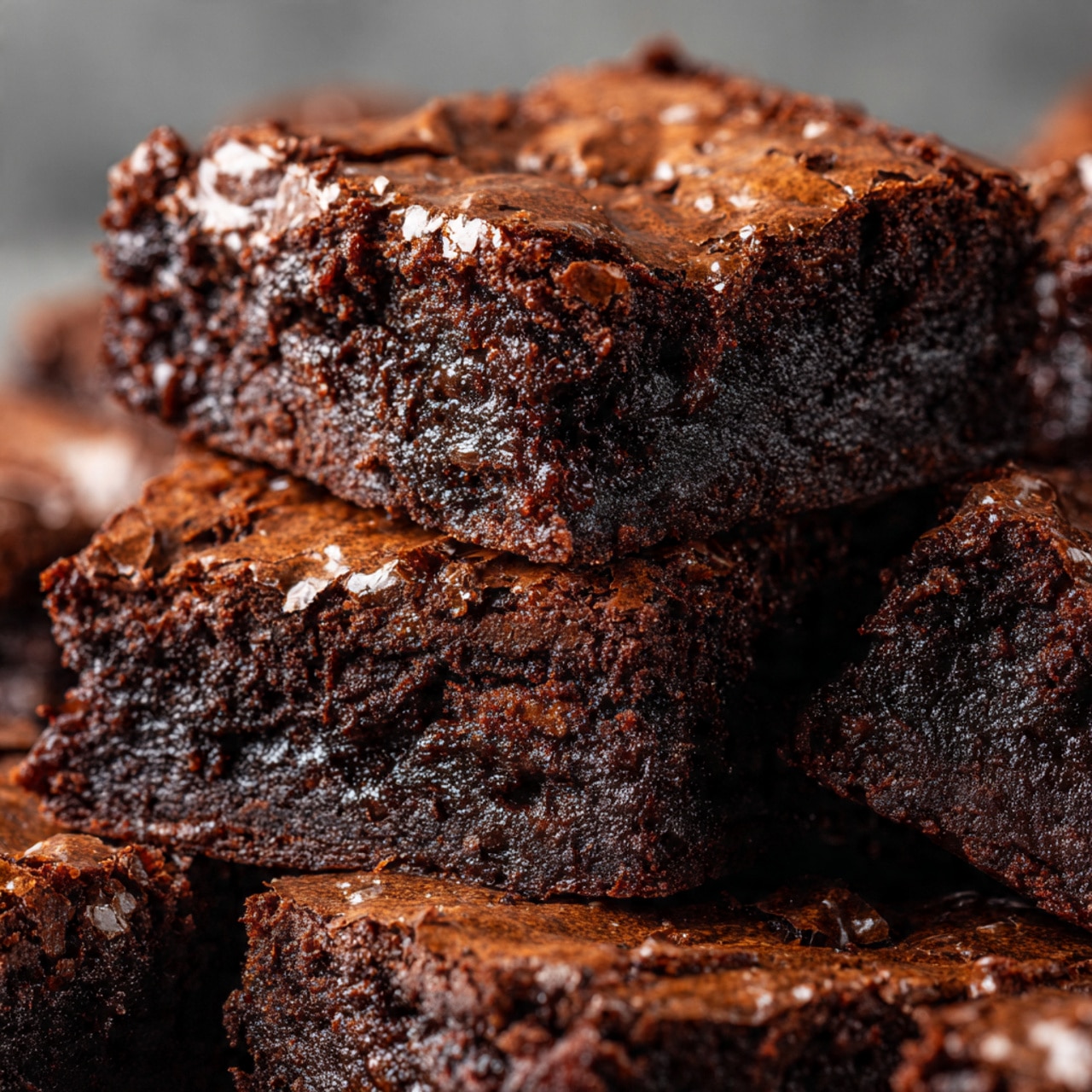 The image shows close-up squares of chocolate brownies with a shiny, crinkled top layer that is dark brown and glossy. Each brownie piece has a slightly rough, moist texture that looks soft inside. The brownies are cut into thick squares with clean edges, arranged closely together on a white marbled surface. The top layer contrasts well with the darker, rich chocolate body underneath, making the brownies look dense and fudgy. photo taken with an iphone --ar 4:5 --v 7