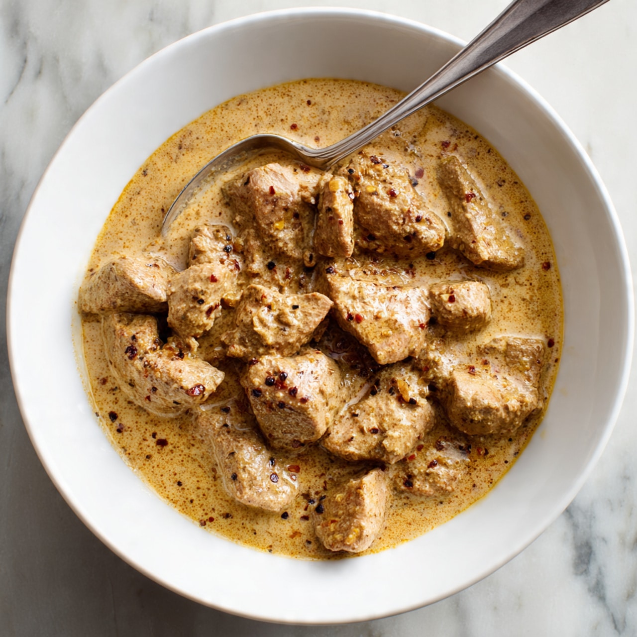 A white bowl filled with pieces of light pinkish meat covered in a thick, creamy light brown sauce with visible dark spice specks, creating a smooth and rich texture. The pieces of meat are mixed evenly throughout the sauce, which coats them well, giving a soft and dense appearance. A silver spoon rests inside the bowl, partially covered with the sauce, positioned slightly towards the bottom left. The bowl sits on a white marbled surface, visible at the edges of the image. photo taken with an iphone --ar 4:5 --v 7