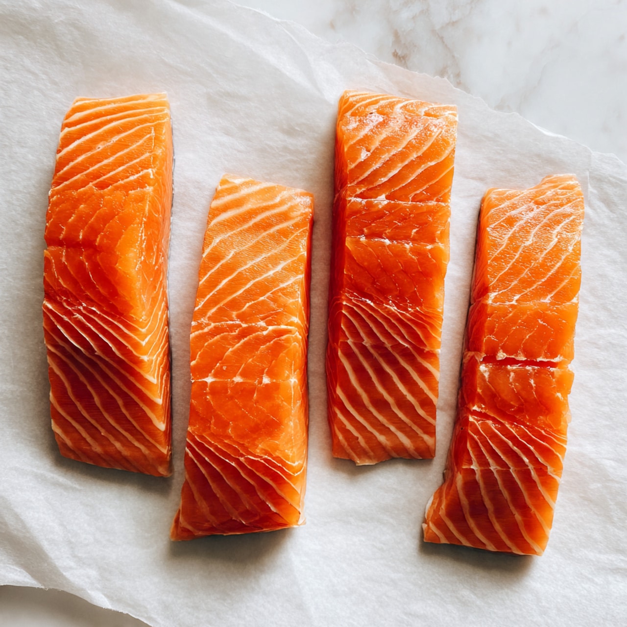 Four raw salmon fillets arranged in a vertical line on a white parchment paper. Each fillet has a bright orange color with visible white lines of fat running through them in a wave pattern. The edges of the fillets are clean and smooth, showing a fresh texture. The salmon pieces sit on a surface with a white marbled texture. photo taken with an iphone --ar 4:5 --v 7