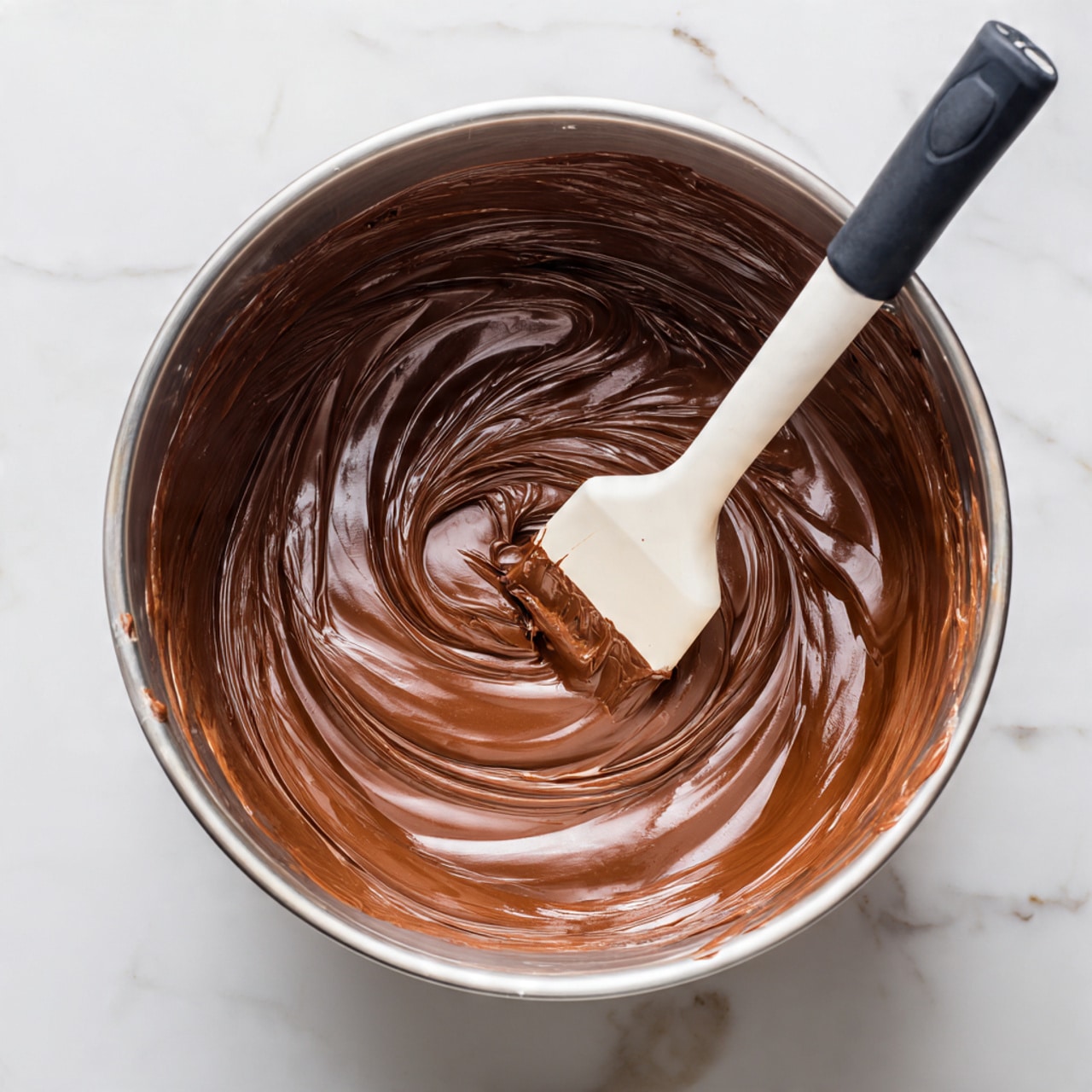 A close-up view of a shiny, smooth dark brown chocolate batter inside a silver metal mixing bowl, with clear swirl patterns in the batter showing its thick, creamy texture. A white spatula with a black handle rests in the batter, covered partly with the chocolate mix, and some batter traces on the spatula tip. The bowl sits on a white marbled texture surface, adding a clean and bright contrast to the dark batter. photo taken with an iphone --ar 4:5 --v 7