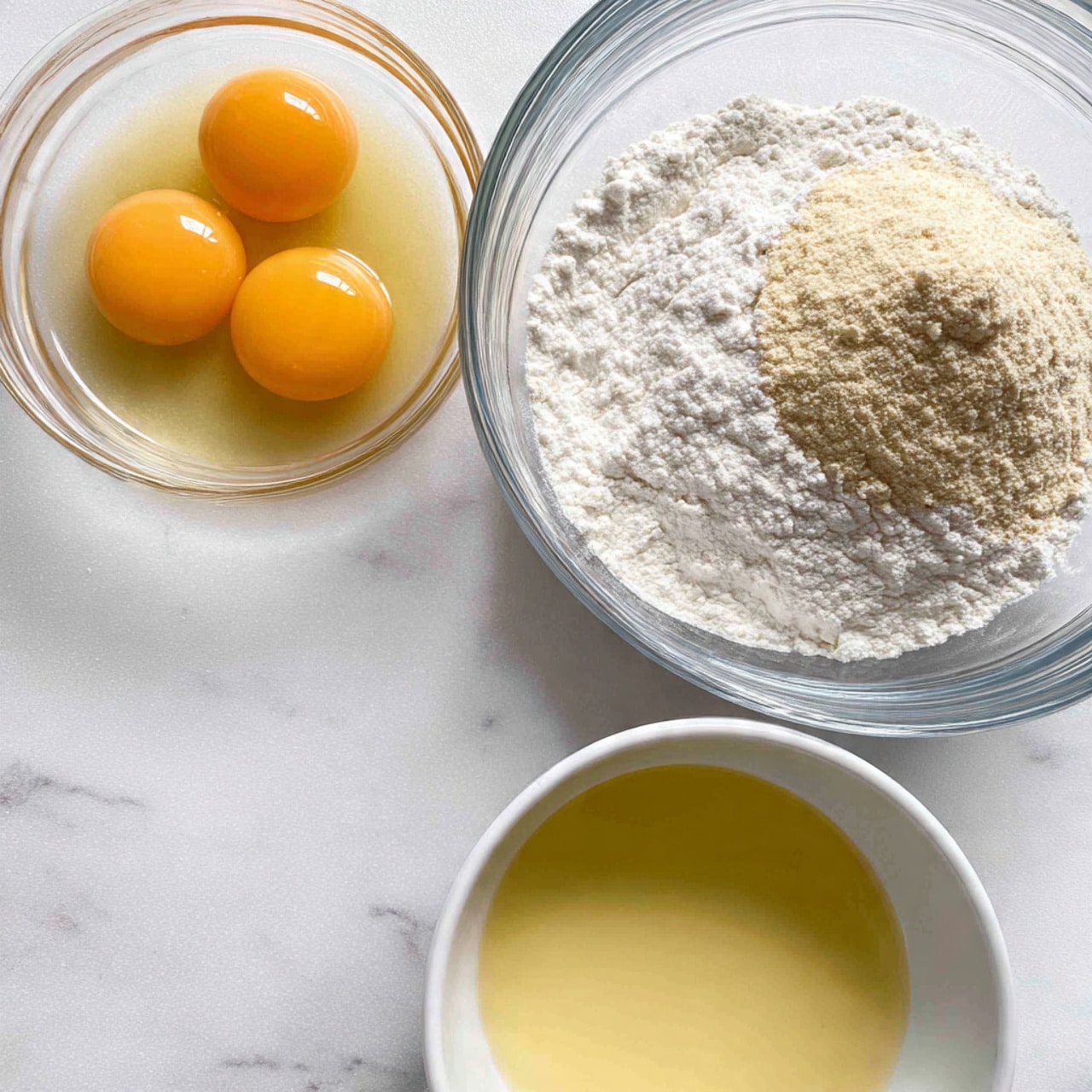 A clear glass bowl with three egg yolks and some egg whites visible inside is placed at the top left on a white marbled surface. Below it, there is a larger clear glass bowl filled with several dry ingredients separated into different sections: off-white flour, white sugar, and a tan powder, likely yeast, spread evenly in a circular pattern within the bowl. At the bottom right, part of a white bowl is visible containing a yellowish liquid mixture. The scene is brightly lit with soft shadows, showing all textures clearly. photo taken with an iphone --ar 4:5 --v 7