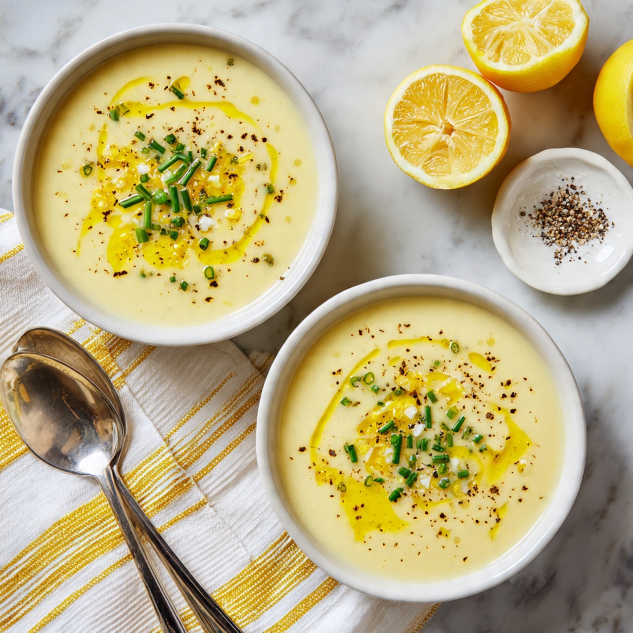 A gray pot filled with creamy pale yellow soup sprinkled with small green chopped herbs and black pepper on top, with a wooden spoon stirring the soup from the right side; the pot sits on a dark green cloth on a white marbled surface, with a wooden pepper grinder and a few pieces of light brown baguette bread blurred in the background. photo taken with an iphone --ar 4:5 --v 7