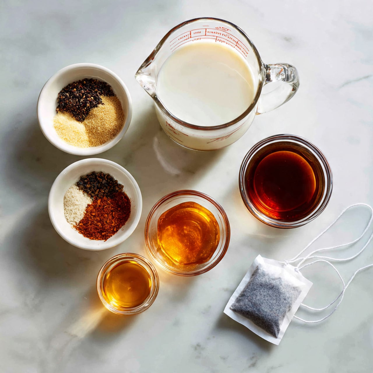 A clear glass measuring cup filled with white milk sits at the top center on a white marbled surface. Below it is a small clear glass bowl holding dark brown maple syrup. To the left, a small white bowl holds a mix of dark brown, light yellow, and reddish-brown spices arranged in separate sections. Below them, a tiny clear glass bowl contains amber-colored vanilla extract. To the right, two white tea bags with visible black tea leaves inside rest on the surface with their strings trailing off. Each ingredient is labeled with black text on white background blocks. Photo taken with an iphone --ar 4:5 --v 7
