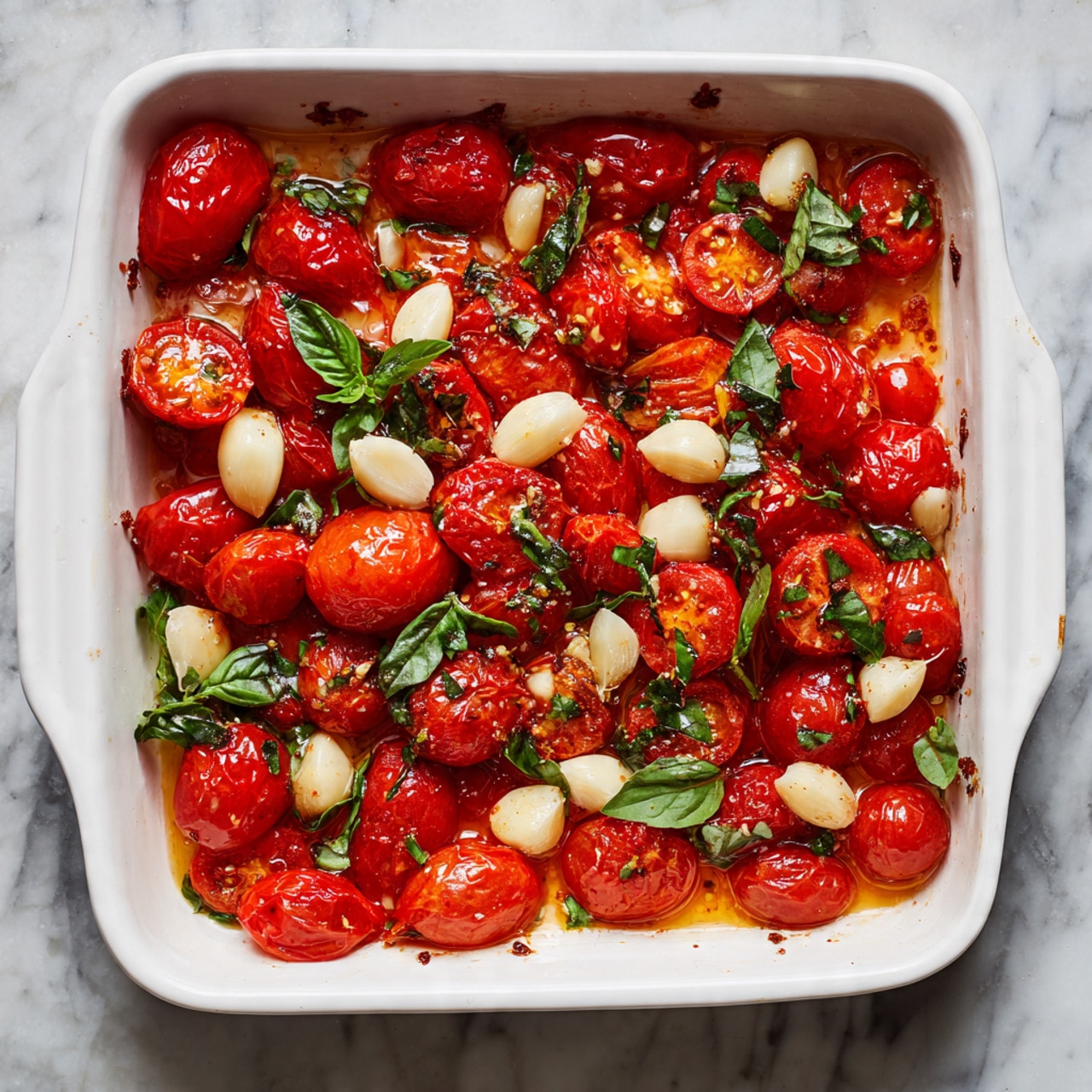 A white rectangular baking dish filled with two types of tomatoes: larger round tomatoes and smaller cherry tomatoes. The tomatoes are cut in halves, showing their bright red flesh and seeds. There are several whole white garlic cloves scattered among the tomatoes. Fresh green basil leaves are placed on top, adding a fresh touch to the red tomatoes. The dish is set on a white marbled surface. photo taken with an iphone --ar 4:5 --v 7