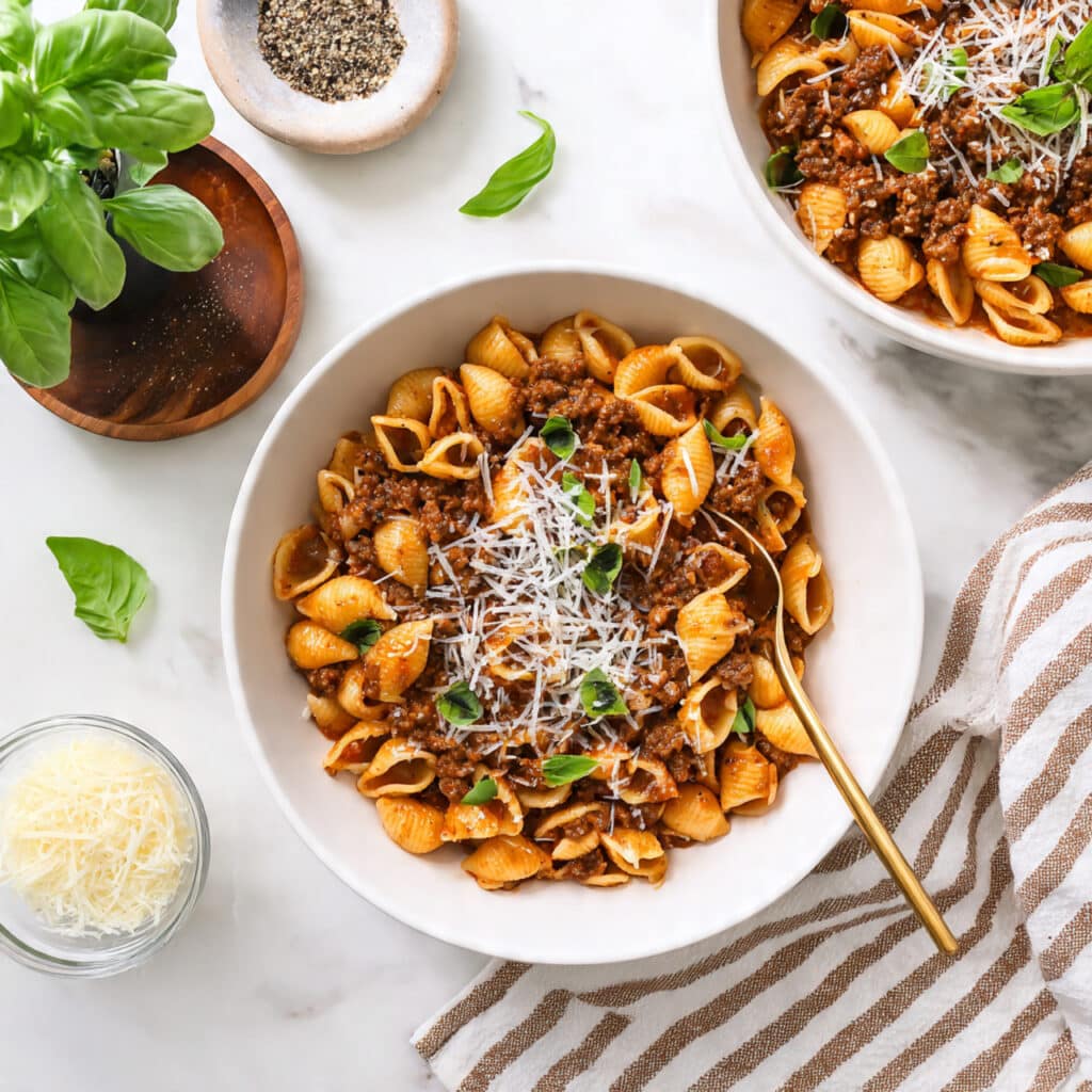 Ground Turkey Pasta with Tomato Cream Sauce and Parmesan Recipe