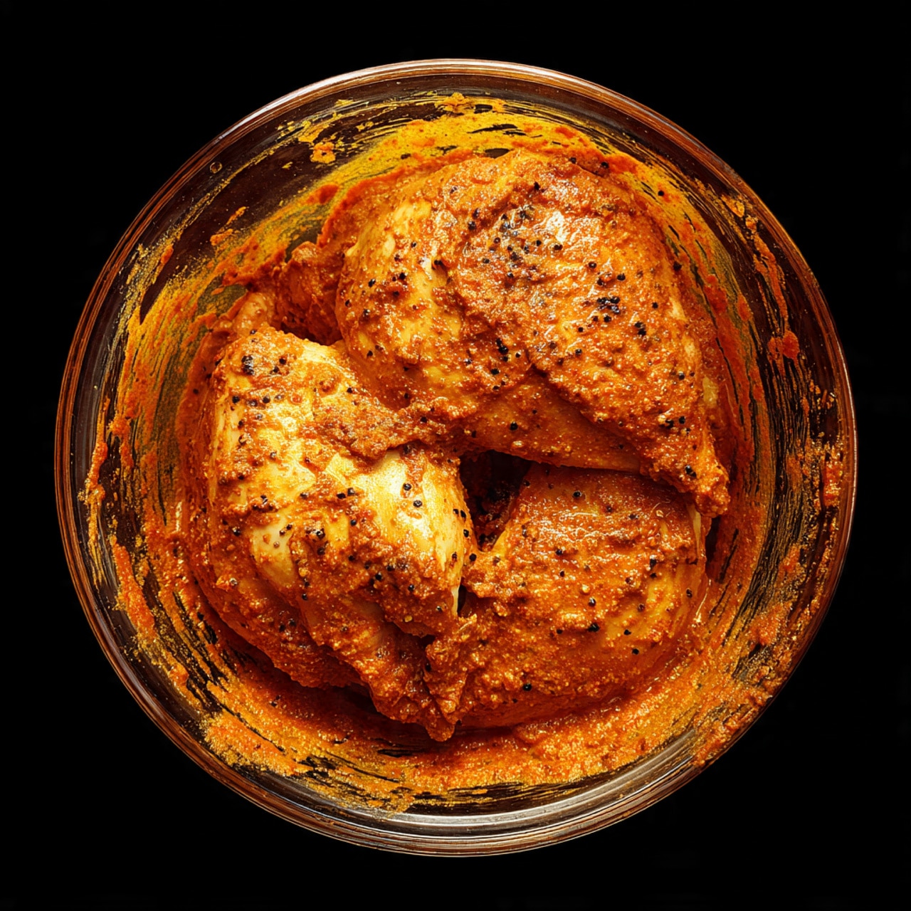A clear glass bowl filled with three large pieces of raw chicken coated in a thick, orange-red spice mix, with visible grains and small dark specks across the smooth, moist surface of the chicken. The chicken pieces sit closely together, some slightly layered on top of each other inside the bowl. The inside and sides of the bowl have streaks and splashes of the same orange-red spice mixture, adding texture and color contrast against the transparent glass. The bowl is placed on a dark surface with a soft light highlighting the rich, warm colors of the marinade. photo taken with an iphone --ar 4:5 --v 7