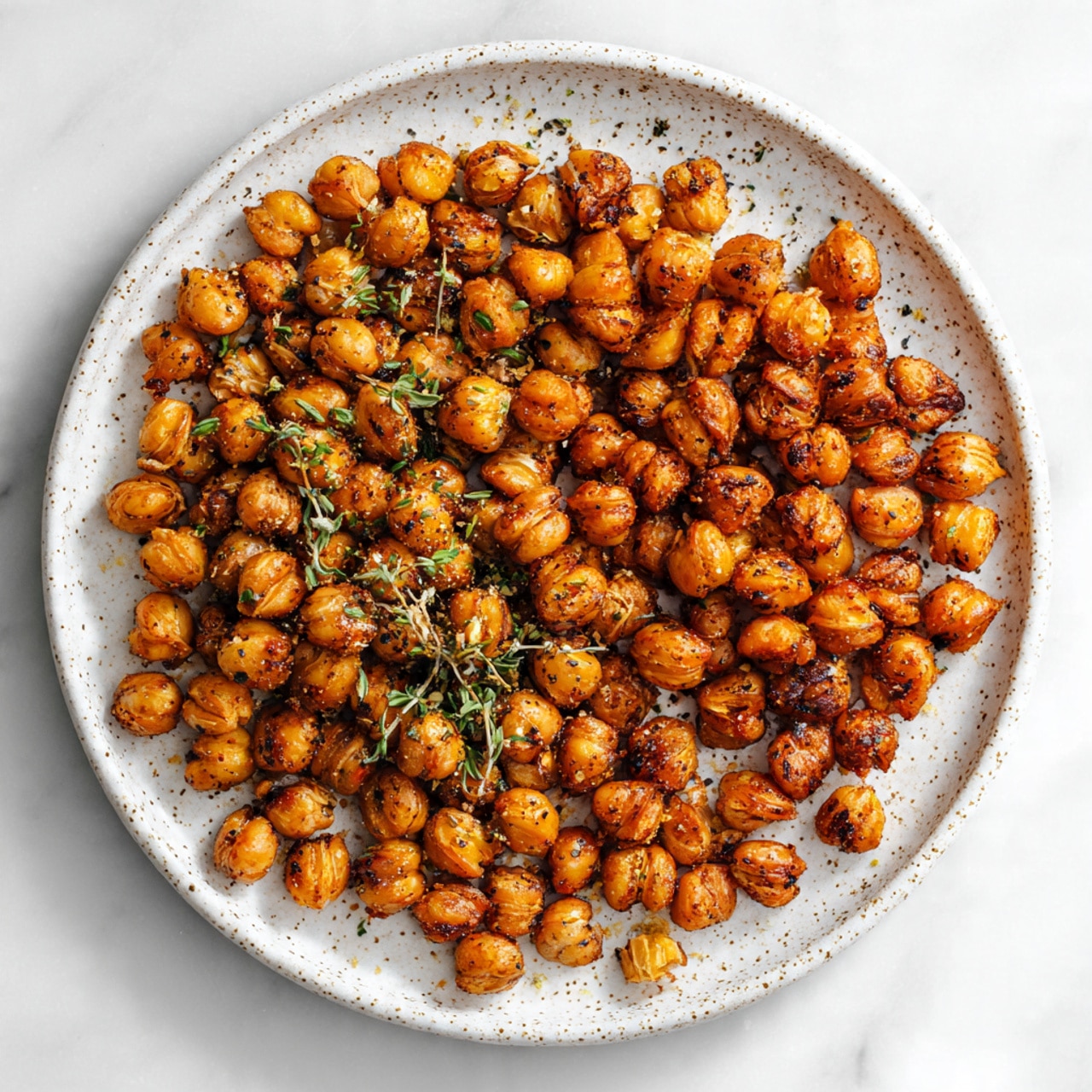 A white bowl filled with multiple roasted chickpeas, golden brown with a slightly rough texture and some small green herb sprinkles on them. On top of the chickpeas is one green pickled cucumber slice with ridged edges and some herbs sprinkled over it. Around the bowl on a wooden surface are scattered more roasted chickpeas and extra ridged cucumber slices, showing a mix of yellow-green tones. The background is a white marbled texture. Photo taken with an iphone --ar 4:5 --v 7