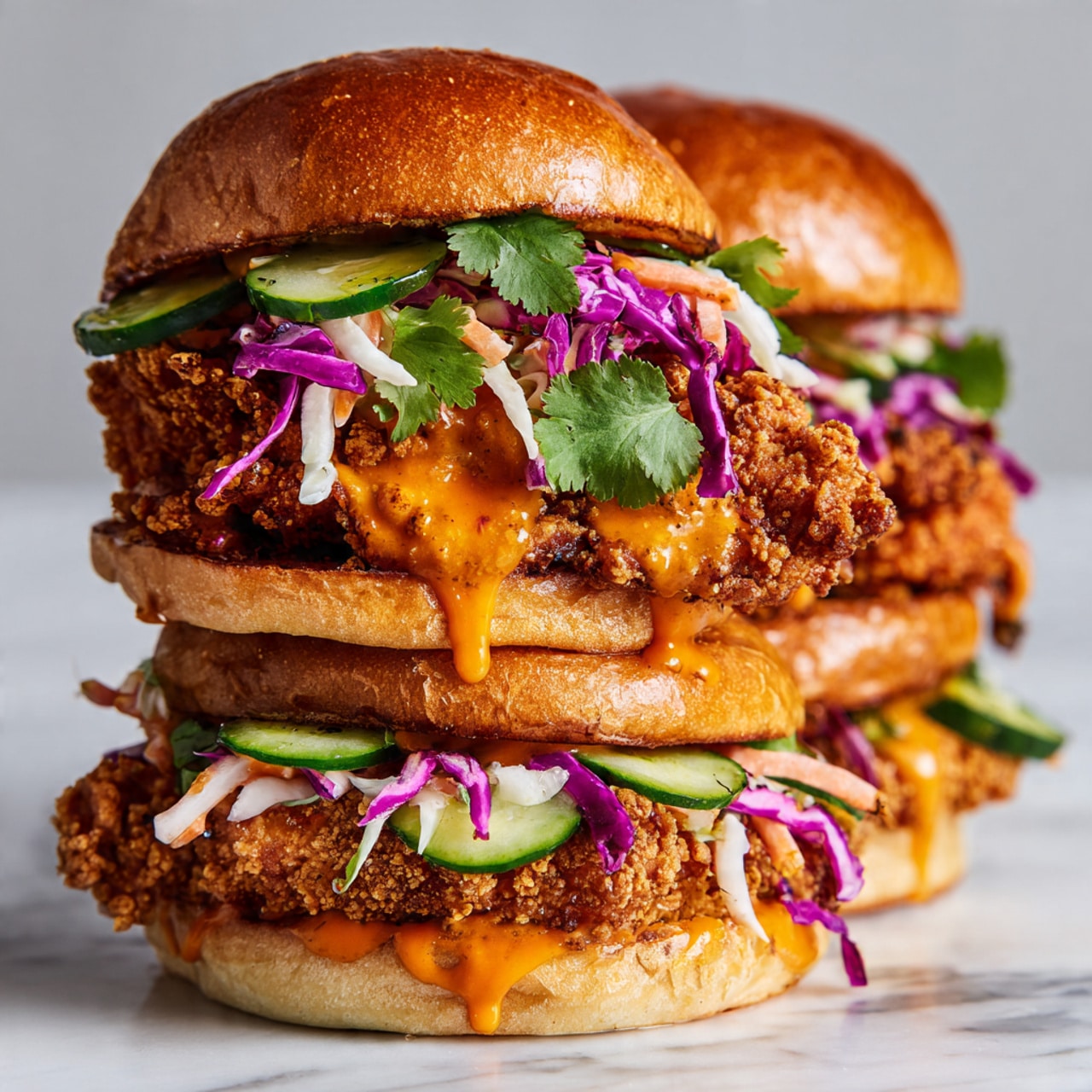 A close-up view of two stacked fried chicken sandwiches on a white marbled surface. Each sandwich has a golden brown shiny bun, with the top bun slightly lifted to show the layers inside. The bottom sandwich shows a crispy fried chicken piece with an orange sauce dripping down, topped with thin strips of purple cabbage, white cabbage, carrot, cucumber slices, and green cilantro leaves. The top sandwich has a similar fried chicken piece with the same orange sauce dripping, plus a slice of cucumber and crunchy slaw made of white cabbage, carrot, and purple cabbage peeking out. The texture of the fried chicken is rough and crispy, contrasting with the soft, fluffy buns. photo taken with an iphone --ar 4:5 --v 7