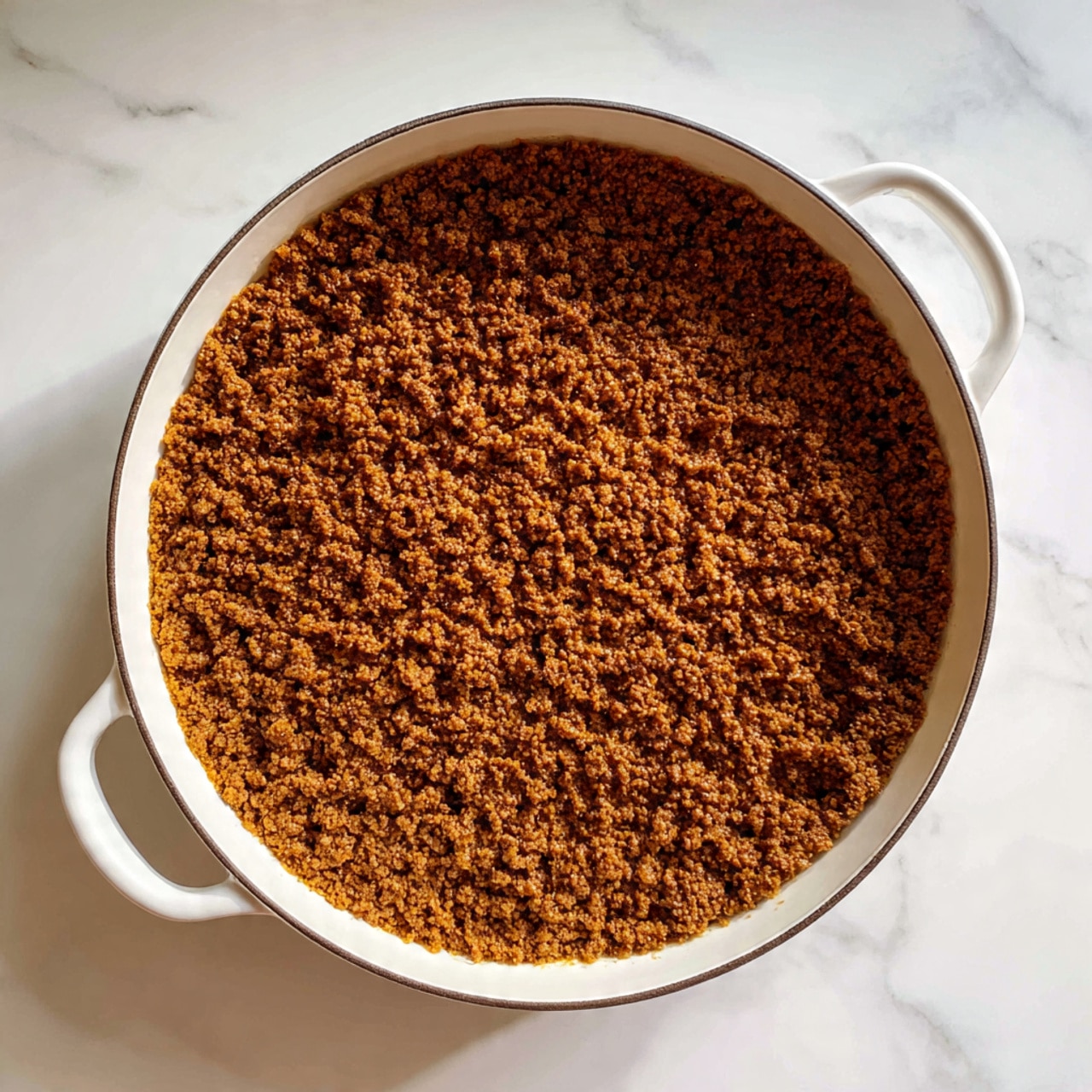 A large round white pot with two handles is shown from above, filled with cooked ground meat that is brown and crumbly, spread evenly in a single layer across the bottom of the pot. The pot sits on a white marbled surface. Photo taken with an iphone --ar 4:5 --v 7