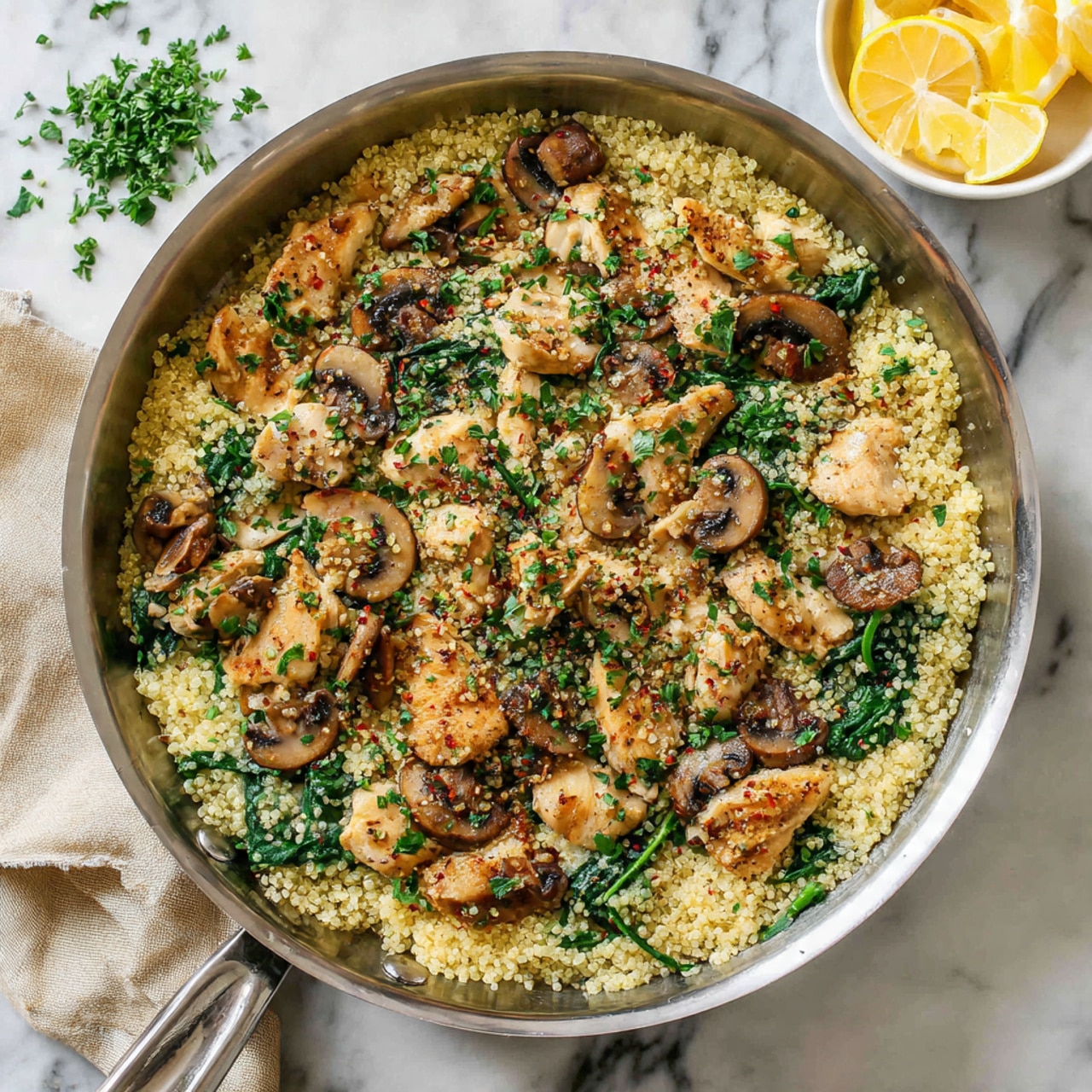 A close-up view of a silver pan filled with cooked quinoa mixed with sautéed dark brown mushroom slices and wilted green spinach leaves. Scattered throughout the dish are small, soft yellow-orange pieces that add texture and color contrast. A wooden spoon with a light brown handle is resting inside the pan, scooping some of the quinoa mixture showing the detailed grainy texture and ingredients. The pan is placed on a white marbled surface with a striped cloth slightly visible at the top left corner. Photo taken with an iphone --ar 4:5 --v 7