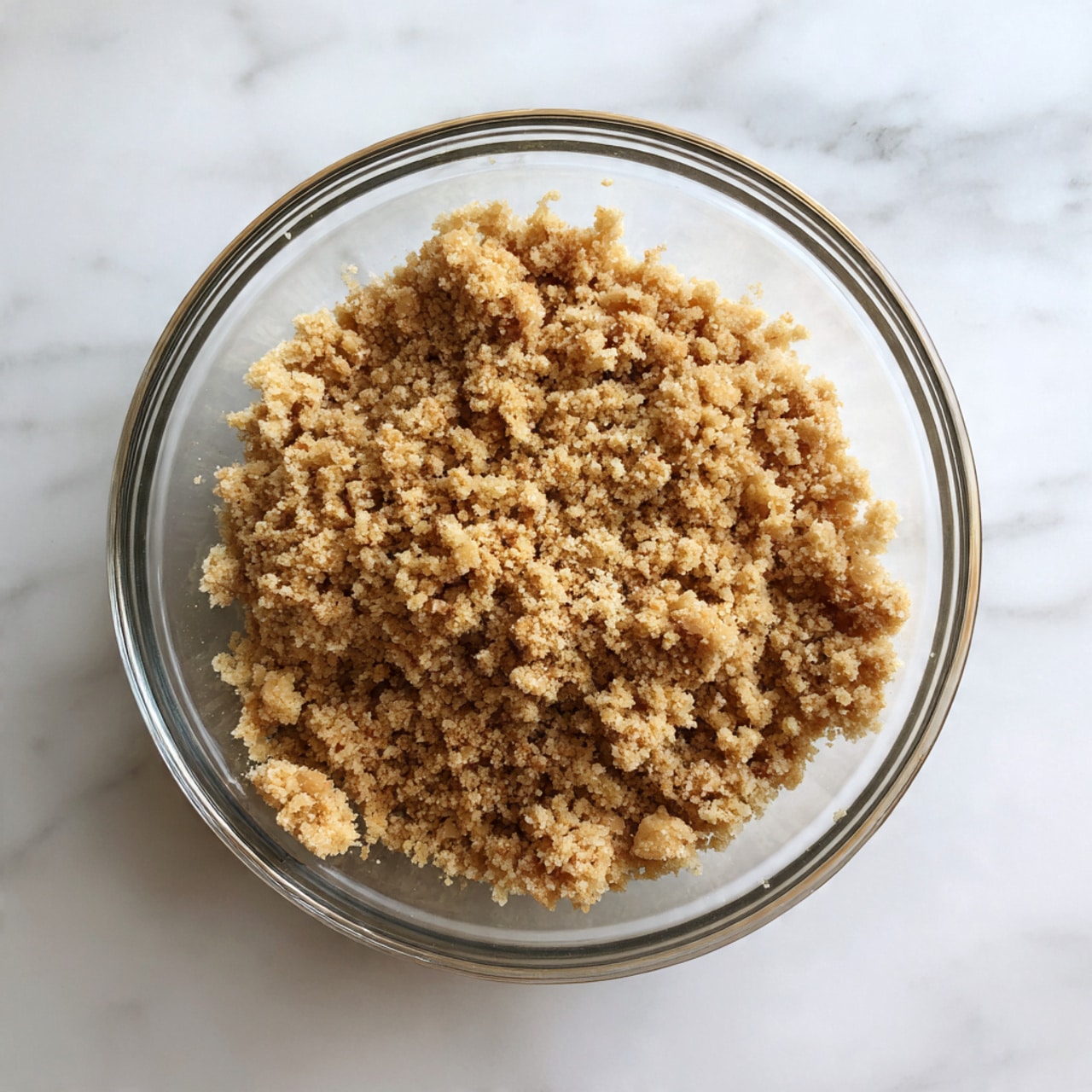 A clear glass bowl sits on a white marbled surface, filled with a single layer of light golden brown crumbly mixture. The texture looks dry and evenly spread, with small crumbs making a rough but uniform surface. The bowl is centered in the photo, showing the crumb layer from above. Photo taken with an iphone --ar 4:5 --v 7