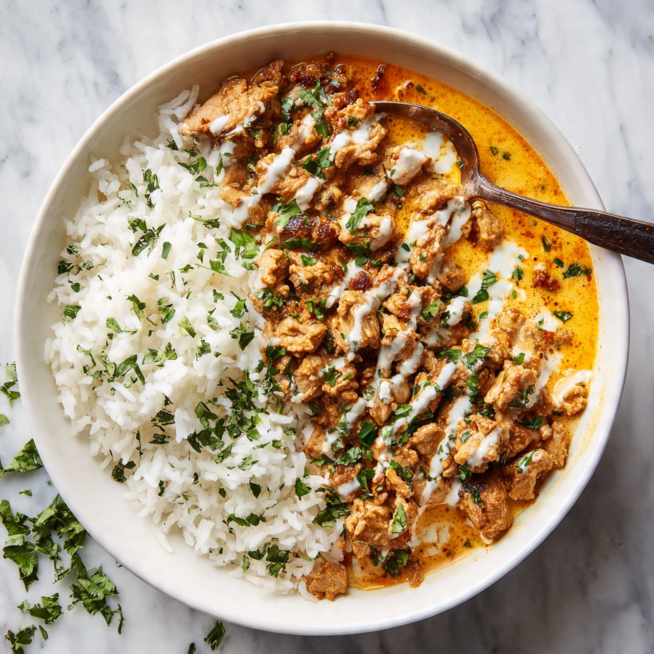 A white bowl contains two main layers: on one side, there is a fluffy pile of plain white rice sprinkled with small green herb pieces. Next to the rice, there is a generous layer of orange-colored curry with a creamy texture, spread over pieces of tender meat. Drizzled in thin lines across the curry is a white sauce that adds contrast, and green chopped herbs are sprinkled on top for freshness. A spoon with a dark handle is partially placed in the curry. The bowl rests on a white marbled surface with some green herb leaves scattered nearby. photo taken with an iphone --ar 4:5 --v 7