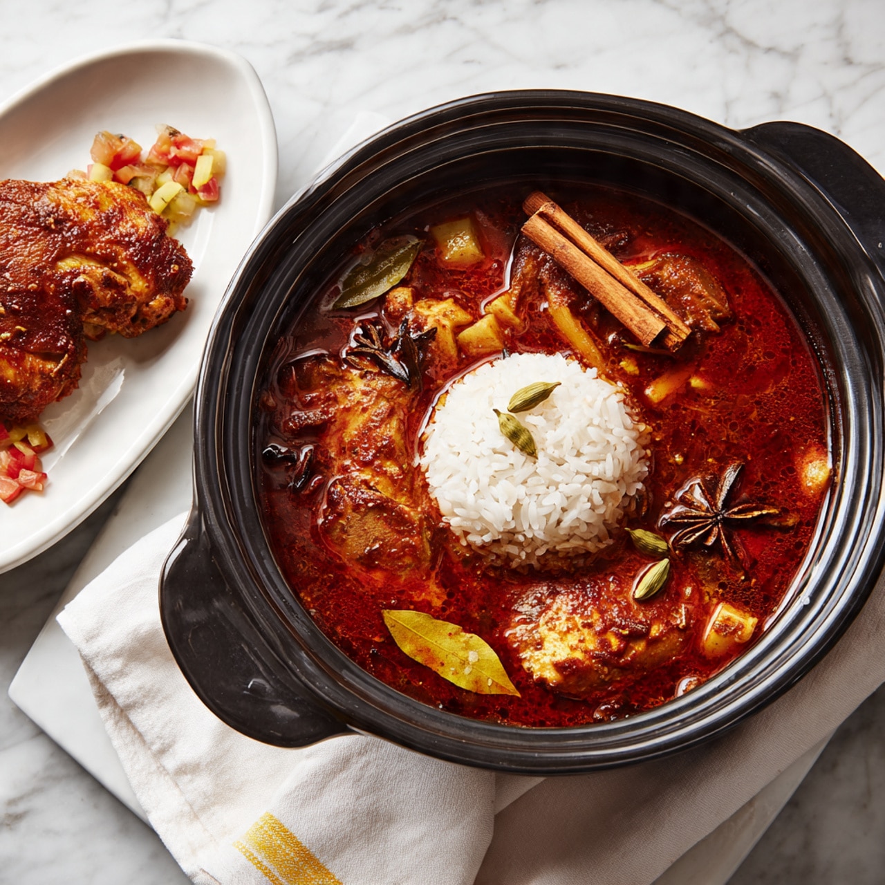 The image shows a black pot filled with a red, thick stew that has visible chunks of vegetables and spices, including a cinnamon stick and cardamom pods. On top of the stew, near the center, there is a small mound of white rice sitting on the surface. To the left of the pot, a white plate holds a piece of cooked chicken covered with a reddish sauce and some small diced vegetables. The scene is set on a white marbled surface, with part of a white and yellow cloth visible near the pot handle. photo taken with an iphone --ar 4:5 --v 7