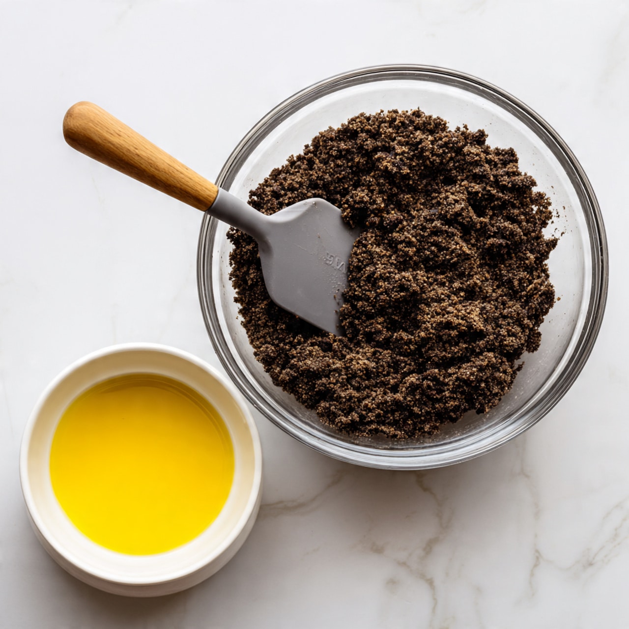 A clear glass bowl sits on a white marbled surface, filled with a dark brown crumbly mixture that looks like crushed cookies, with a gray spatula that has a wooden handle resting inside it. Below the bowl, there is a small white bowl filled with bright yellow melted butter. The whole scene is simple and clean, showing just these two main items for a baking step. photo taken with an iphone --ar 4:5 --v 7