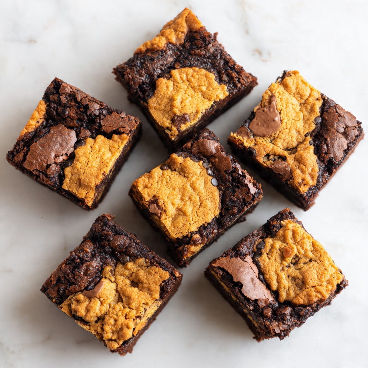 The image shows six square pieces of dark brown brownies with a cracked, soft texture on top. Each brownie has large, rough pieces of golden brown cookies partially baked into the surface, with the cookie edges visible and some cookies showing a scalloped edge design. The brownies and cookie pieces create a contrast between the dark brown and light golden colors. The pieces are placed closely together on a white marbled textured surface. Photo taken with an iphone --ar 4:5 --v 7