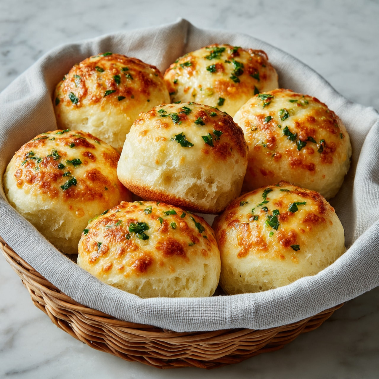 A soft golden-brown bread roll with a shiny top speckled with small bits of herbs and nuts sits on a simple round plate with a light beige center and a dark rim, placed on a white marbled surface. In the background, part of a white baking dish filled with more golden bread rolls is visible, along with another white plate holding a piece of bread. A light gray cloth napkin is also partially shown near the plate. The light falls softly, highlighting the bread’s fluffy texture and the warm brown crust on top. photo taken with an iphone --ar 4:5 --v 7