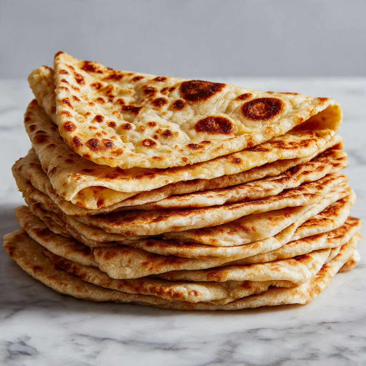 A white plate holds a dish with three main layers. The bottom layer is white rice with long grains. On top of one side of the rice is a creamy yellow curry with green herbs and small pieces of chicken, mixed with bits of purple onion. On the other side of the plate, there are folded pieces of light golden flatbread with some toasted brown spots. At the edge of the plate, green sliced jalapeño peppers add a fresh contrast. All sits on a white marbled surface photo taken with an iphone --ar 4:5 --v 7