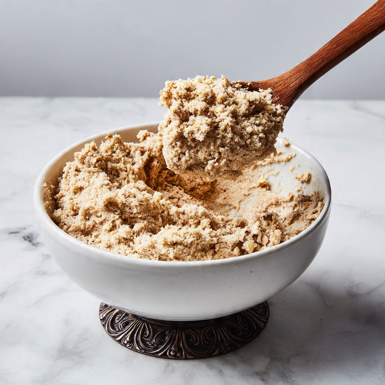 A white bowl filled with a thick, crumbly mixture that has a light brown color with visible oats giving it a rough texture; the mixture is unevenly packed inside the bowl with some loose crumbs around the sides. A wooden spoon rests in the bowl, holding a large chunk of the mixture above the surface, showing the dense, chunky texture clearly. The bowl sits on a decorative dark metal stand that contrasts with the white marbled surface underneath. photo taken with an iphone --ar 4:5 --v 7
