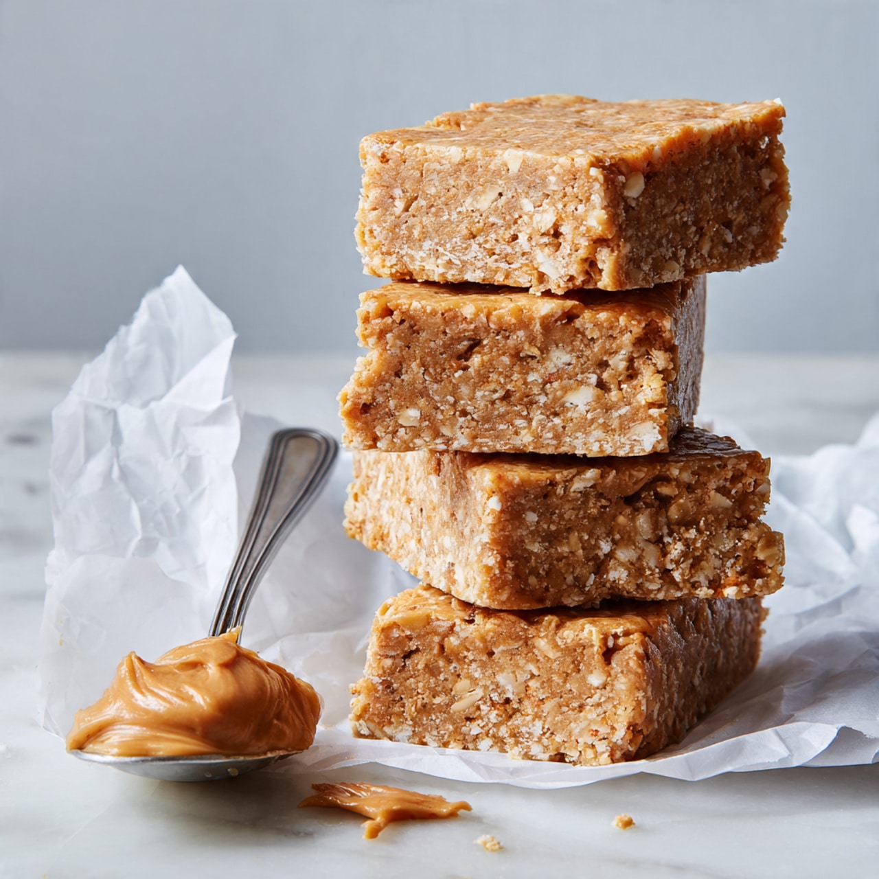 There is a stack of four thick, rectangular peanut butter bars, each with a slightly crumbly texture and a light beige color, placed one on top of the other. To the left of the stack, a silver spoon holds a smooth dollop of light brown peanut butter. The bars and spoon rest on a crumpled white paper sheet over a white marbled surface, with a plain light background behind. The photo taken with an iphone --ar 4:5 --v 7