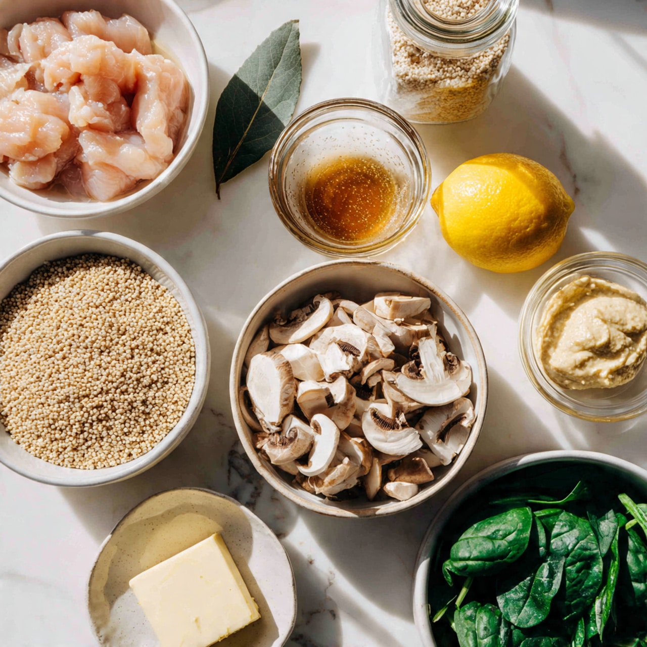 The image shows several white bowls and a jar arranged on a white marbled surface. A white bowl on the left holds pale pink raw chicken pieces, next to a small white dish with a green bay leaf. Below that is a white bowl filled with light beige quinoa grains. Near the center is a white bowl full of sliced mushrooms in white and brown tones. A small glass bowl with amber-colored maple syrup sits above the mushrooms. A whole yellow lemon and a small jar of creamy mustard are placed nearby. To the right, a white bowl holds fresh dark green spinach leaves, and next to it is a small white plate with a stick of pale yellow butter. The lighting is bright and natural, showing clear details. photo taken with an iphone --ar 4:5 --v 7