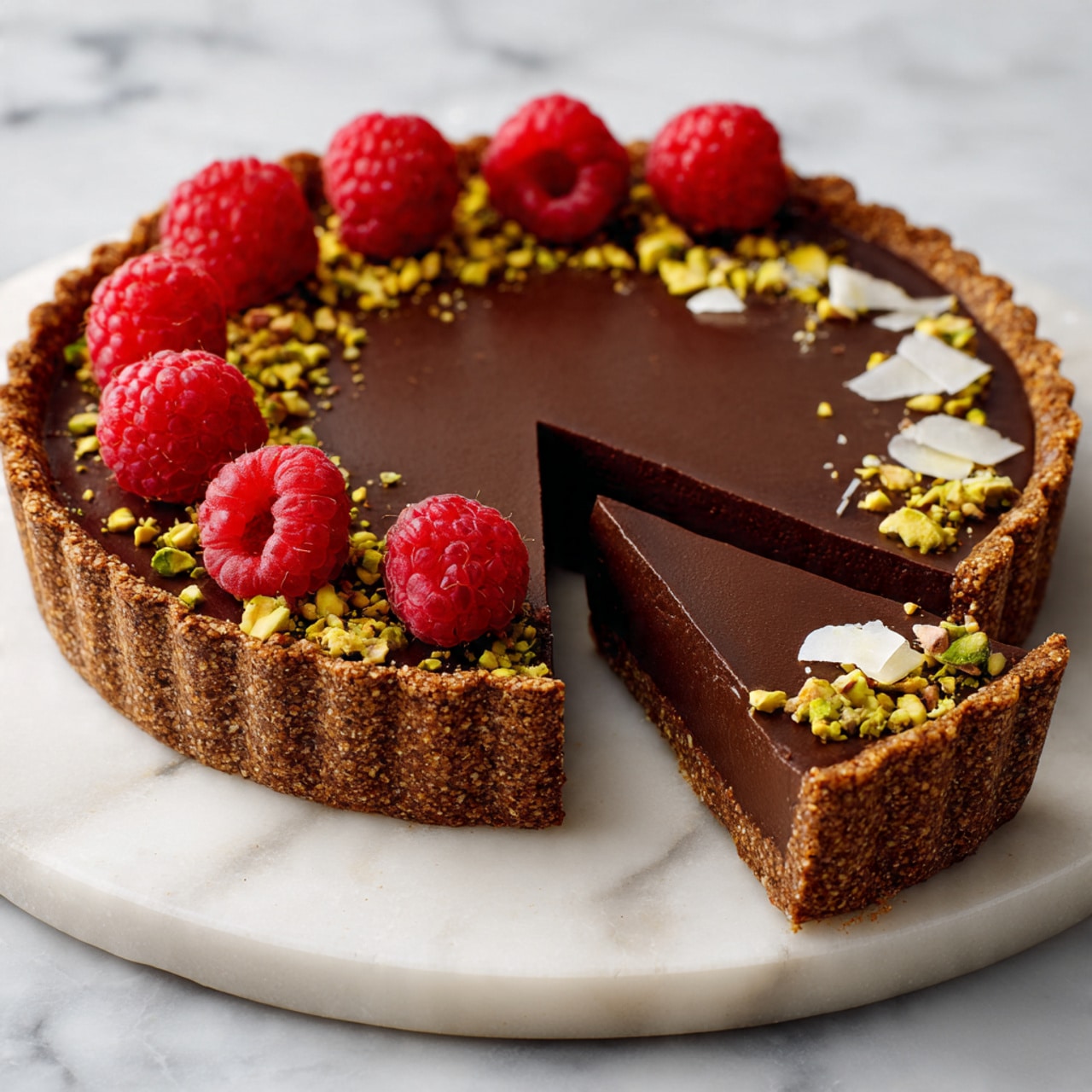 The image shows a chocolate tart with two main layers, a thick, smooth dark chocolate filling in the center and a thin, crumbly dark crust forming the base and sides. The top is decorated with a ring of bright red raspberries and small green pistachio pieces around the edge. There are some white flakes sprinkled on the glossy chocolate surface for texture. One slice is cut out, showing the clean, neat edges of the rich chocolate filling and crust. The tart is placed on a round white marble board, and the background is also a white marbled texture. Photo taken with an iphone --ar 4:5 --v 7