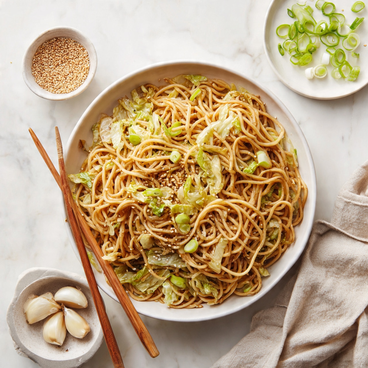 A large black wok filled with a mix of cooked curly instant noodles as the base layer, pale yellow and slightly glossy, topped with chopped light green cabbage and bright green spring onions scattered evenly across the noodles. The cabbage pieces are small and look soft and cooked, while the spring onions add a fresh contrast with their darker green color. The wok sits on a white marbled surface, showing the texture clearly. photo taken with an iphone --ar 4:5 --v 7