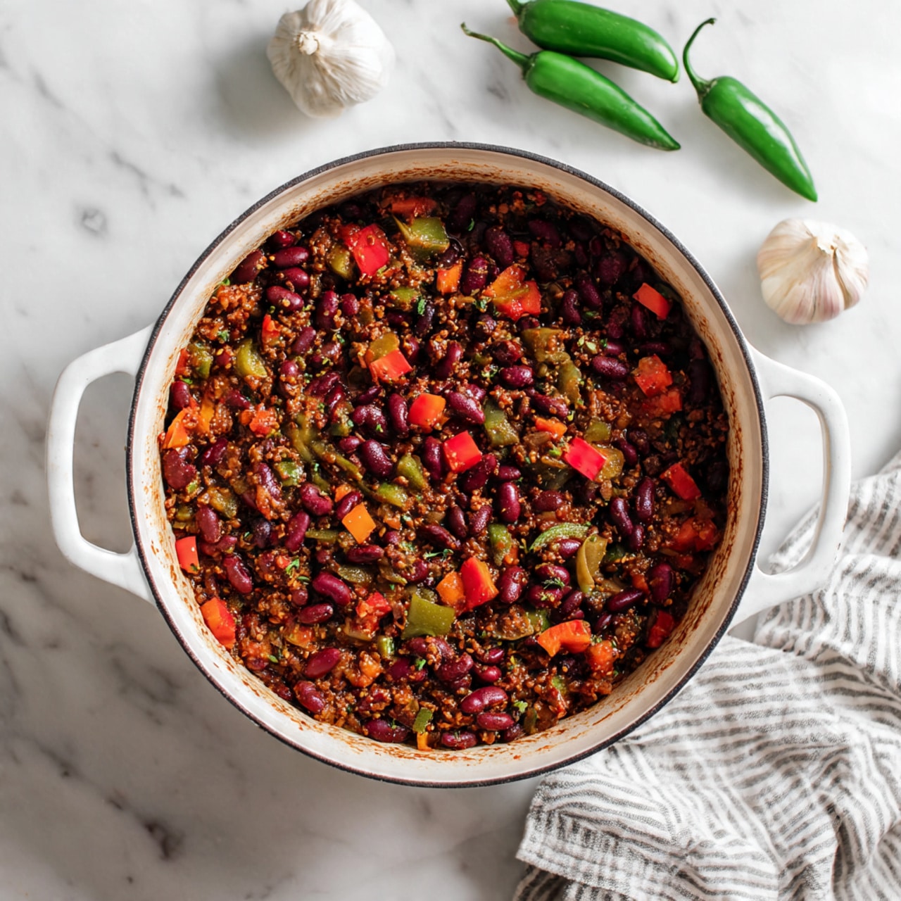 A white pot filled with a mixed dish featuring several layers and colors, including dark red kidney beans, black beans, and small light brown lentils. Bright orange and red bell pepper pieces are mixed throughout, adding pops of color and a varied texture. The inside sides of the pot are coated with a reddish-orange sauce or seasoning, giving a slightly messy appearance. The pot sits on a clean white marbled surface with two green chili peppers and a bulb of garlic in the background. A striped cloth is partially visible at the bottom edge. photo taken with an iphone --ar 4:5 --v 7