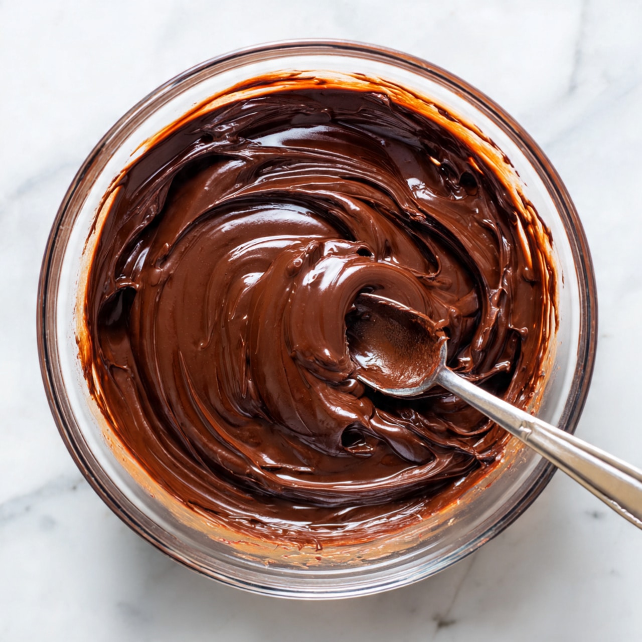 A clear glass bowl filled with a single smooth layer of dark brown chocolate batter that has a shiny, thick texture, shown being gently stirred with a silver spoon on the right side of the bowl. The bowl is placed on a white marbled surface which contrasts with the rich chocolate color, and the inside edge of the bowl has a visible ring of batter residue. The photo is well-lit, highlighting the glossy finish of the batter. Photo taken with an iphone --ar 4:5 --v 7