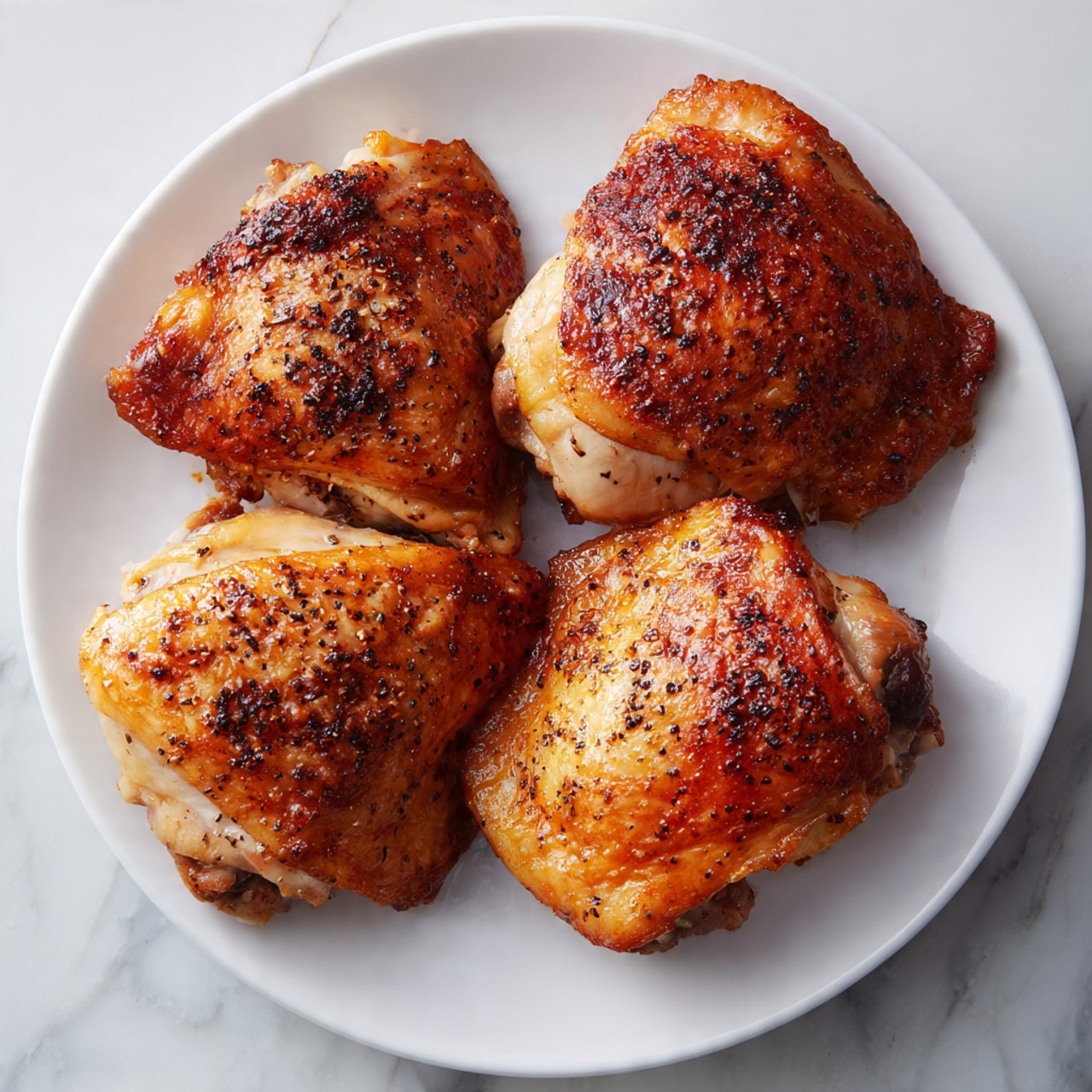 The image shows a white plate with four pieces of cooked chicken, each having a golden brown, slightly crispy surface with some darker browned spots. The chicken pieces are arranged closely but not overlapping, and each has a different shape, some elongated and others more rounded. The texture of the chicken looks slightly rough and seasoned, with a warm, cooked color tone. The plate sits on a white marbled surface. photo taken with an iphone --ar 4:5 --v 7