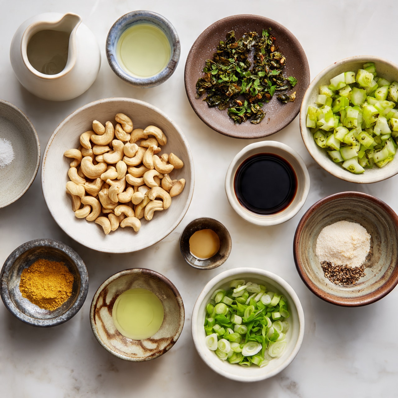 The image shows an arrangement of small bowls and a white pitcher on a white marbled surface, each holding different ingredients. In the center, a medium-sized bowl is filled with whole cashews, beige and smooth. To the top right, a white bowl contains diced bright green pickles. Above the cashews is a small brown plate with fresh, finely chopped dark green herbs. Next to it, a small bowl with dark brown soy sauce and another small bowl with light green liquid sit nearby. At the bottom right, a small bowl holds chopped green onions, while next to it is a white bowl with a creamy, slightly speckled white liquid. Below the cashews, a small brown bowl contains a blend of white powdered spices, and to the left, a small bowl of yellow powder is visible. A white pitcher filled with clear liquid is placed near the top left corner. The setup is neat and well lit, highlighting the varied colors and textures of the ingredients, photo taken with an iphone --ar 4:5 --v 7