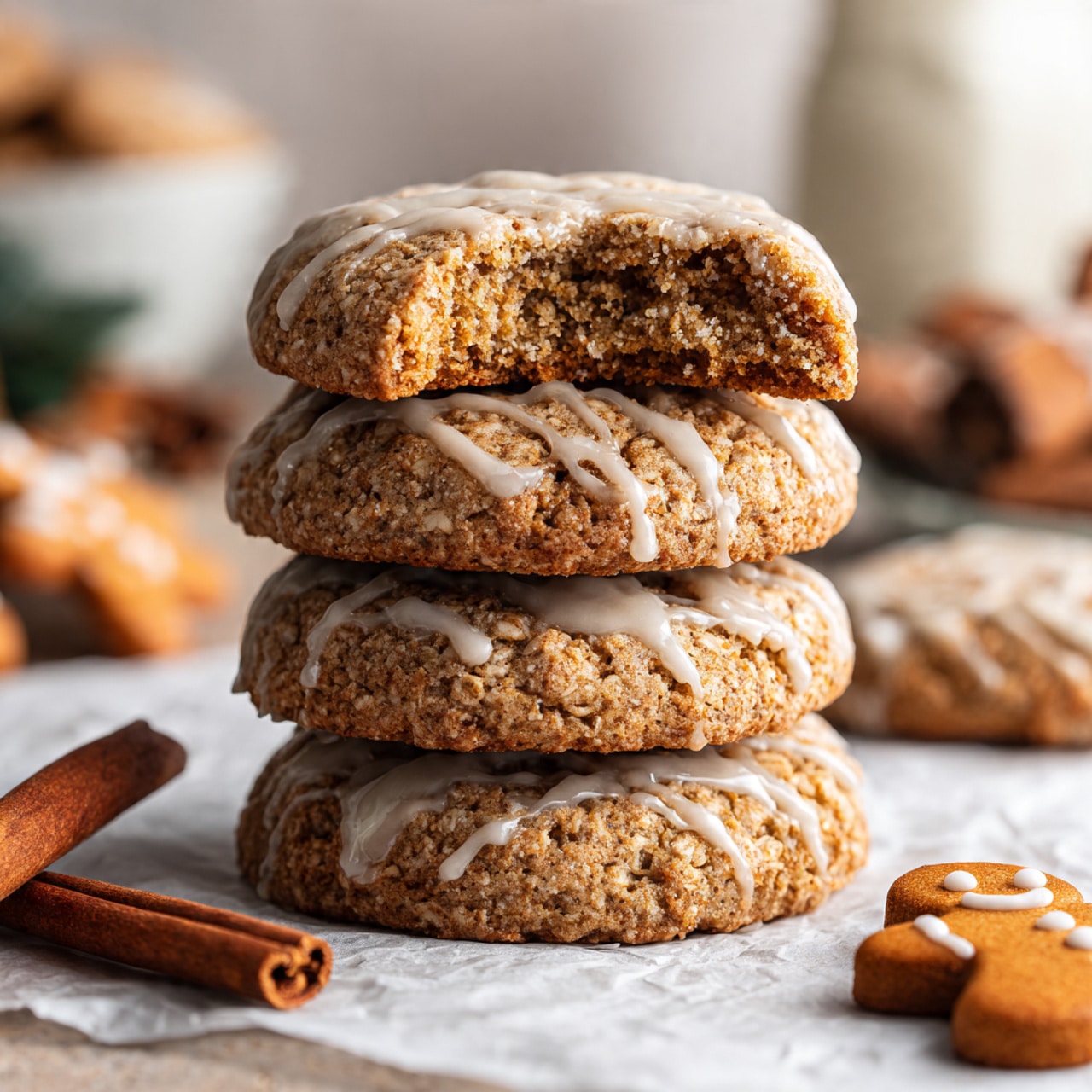 A stack of four thick, textured oatmeal cookies with a light brown color sits on a white marbled surface. Each cookie has a rough, crumbly look with a drizzle of white icing on top, giving a shiny contrast. The top cookie has a bite taken out of it, showing a dense, chewy inside. Around the stack, there are cinnamon sticks on the left side and a few light beige gingerbread man-shaped cookies on the right. In the background, blurred bowls and a large glass bottle add depth, with the whole scene set on crumpled parchment paper. The lighting is soft and natural, focusing on the details of the cookies. photo taken with an iphone --ar 4:5 --v 7