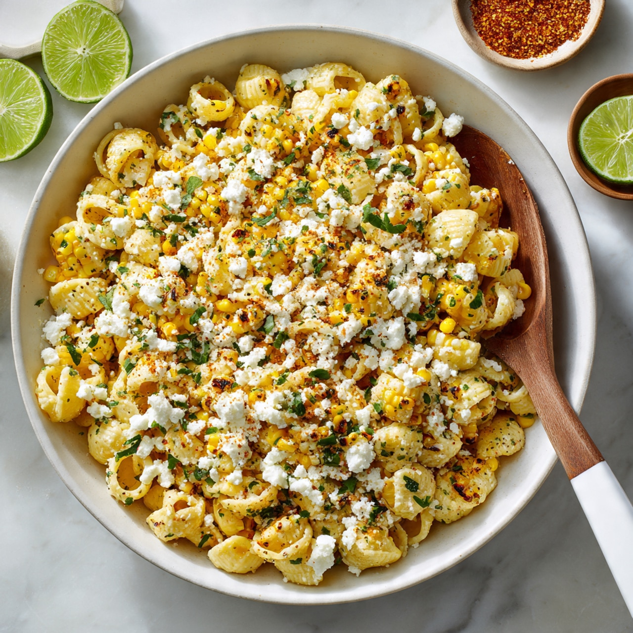 A large white bowl filled with small yellow corn pieces mixed with small white cheese crumbles and green herbs spread evenly throughout. There are a few lime wedges placed on top of the corn mixture, adding a pop of bright green color. Some red chili powder is sprinkled over the dish, giving it a touch of red speckles. A wooden spoon with a white handle rests inside the bowl on the right side. In the background, there are small white bowls, one with lime wedges and one with a creamy white sauce, all set on a white marbled surface. photo taken with an iphone --ar 4:5 --v 7