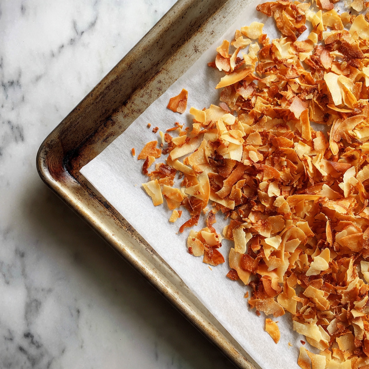 This image shows a single layer of roasted coconut flakes spread unevenly across a sheet of white parchment paper that lines a large, worn metal baking tray. The flakes are golden brown with some darker brown and caramelized edges, giving a crunchy appearance. The baking tray sits on a white marbled surface. photo taken with an iphone --ar 4:5 --v 7