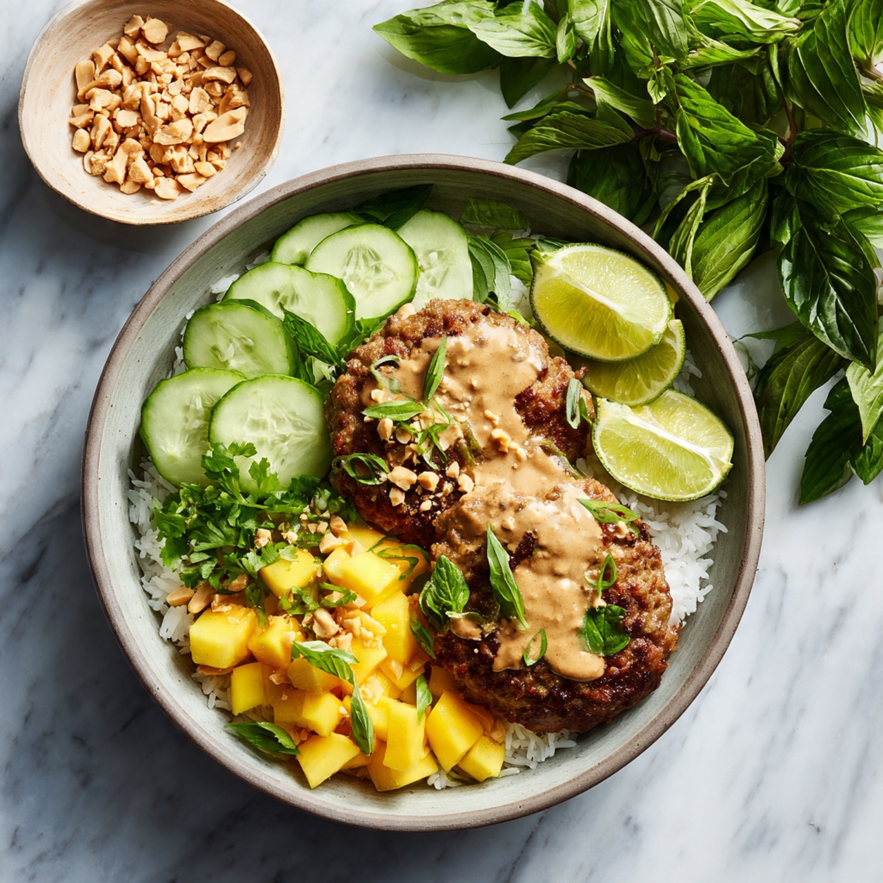 The image shows a close-up of a white pot filled with a rich, thick orange-brown sauce with visible herbs and spices mixed in. Large pieces of tender meat covered in the sauce are immersed in it. On top of the sauce, there are a few fresh green basil leaves adding a touch of bright color. A wooden spoon is partially visible on the right side, slightly lifting some sauce and a piece of meat. The pot sits on a white marbled surface. photo taken with an iphone --ar 4:5 --v 7