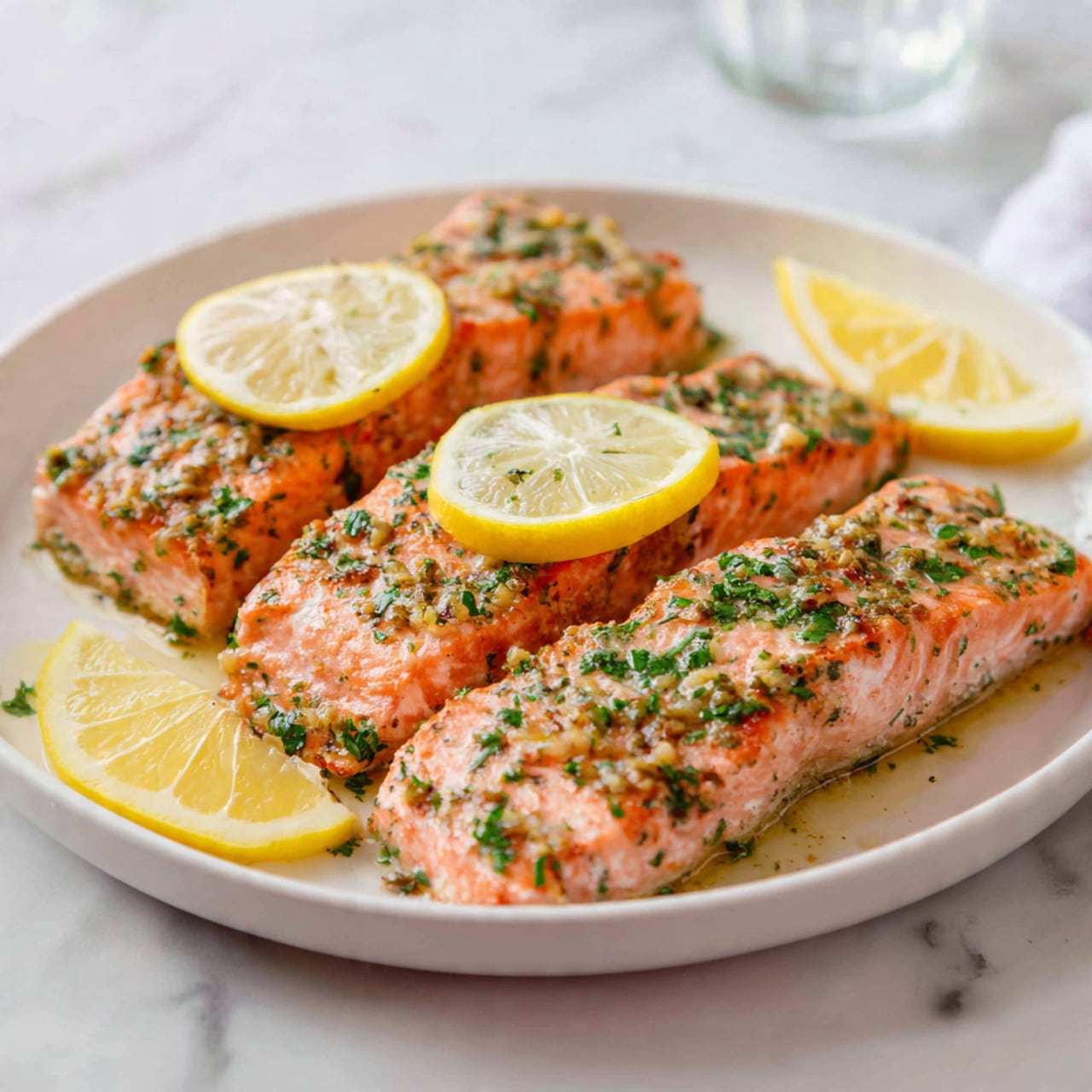 A white baking dish holds four pieces of cooked salmon, arranged in two vertical rows with a slight gap between them. Each salmon piece is topped with a round, thin slice of lemon, showing the translucent yellow and light beige inside of the lemon, with small bits of green herbs sprinkled on top. The salmon has a warm pink-orange color with a slightly moist texture and small black pepper spots. A light sauce with a golden-yellow color pools lightly around the salmon, with minced garlic and chopped green herbs scattered over the fish. The dish is placed on a white marbled surface with a blue and white striped cloth partially visible on the left side. Photo taken with an iphone --ar 4:5 --v 7
