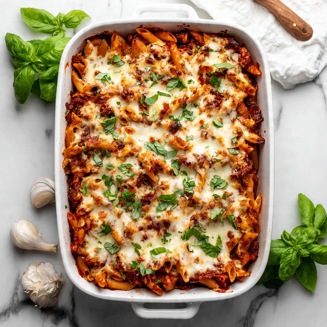A deep white bowl filled with penne pasta coated in a red tomato sauce with visible spinach leaves mixed throughout. On top, there is a layer of melted cheese that is golden brown and slightly crispy with some browned spots, covering the pasta unevenly. Fresh chopped green basil is sprinkled across the dish, adding a pop of color. The pasta pieces are arranged loosely with the fork resting on the right side inside the bowl. The bowl sits on a white marbled surface. Photo taken with an iphone --ar 4:5 --v 7
