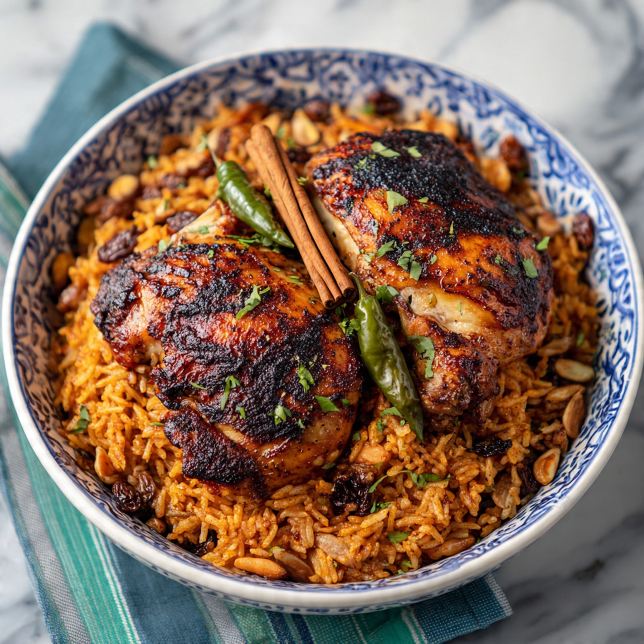 This image shows a colorful meal with three parts. On the top right, a large round white dish with blue patterns holds orange-red rice mixed with green herbs and some raisins, with a wooden spoon resting inside. At the bottom center, a round gray plate is filled with the same rice, topped with a yellow-brown grilled chicken wing and a green chili pepper. On the left side, a white plate holds the same rice with a golden and slightly charred chicken leg on top, garnished with small green leaves. A shiny fork rests on the rice beside the chicken leg. In the top left corner, a small white cup with a spoon contains a white creamy sauce, and at the bottom left corner, a blue and white cloth is draped on a white marbled surface photo taken with an iphone --ar 4:5 --v 7