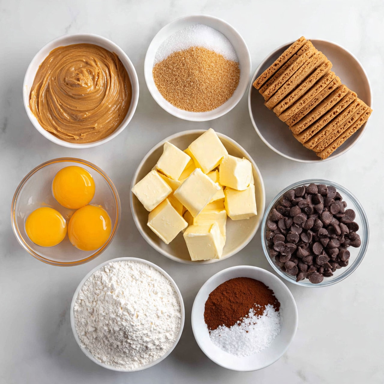 Six white bowls and three clear bowls hold different ingredients on a white marbled surface. Starting from top left, a clear bowl contains smooth, light brown biscoff spread. To its right, a white bowl holds a mix of brown and white sugar, with a soft granulated texture. Below the biscoff spread, a clear bowl is filled with thick yellow butter cubes. To the right of that, a clear bowl contains several rectangular biscoff cookies stacked flat. Below the butter, a clear bowl shows three cracked eggs with vibrant yellow yolks and clear whites. To the right of the sugar bowl, a white bowl displays many small, round, dark chocolate chips. Below the chocolate chips, a white bowl has three distinct layers: white flour on the left, dark cocoa powder on the right, and brown cinnamon powder forming a small cluster near the bottom left, with a sprinkle of white salt on the cocoa powder. photo taken with an iphone --ar 4:5 --v 7