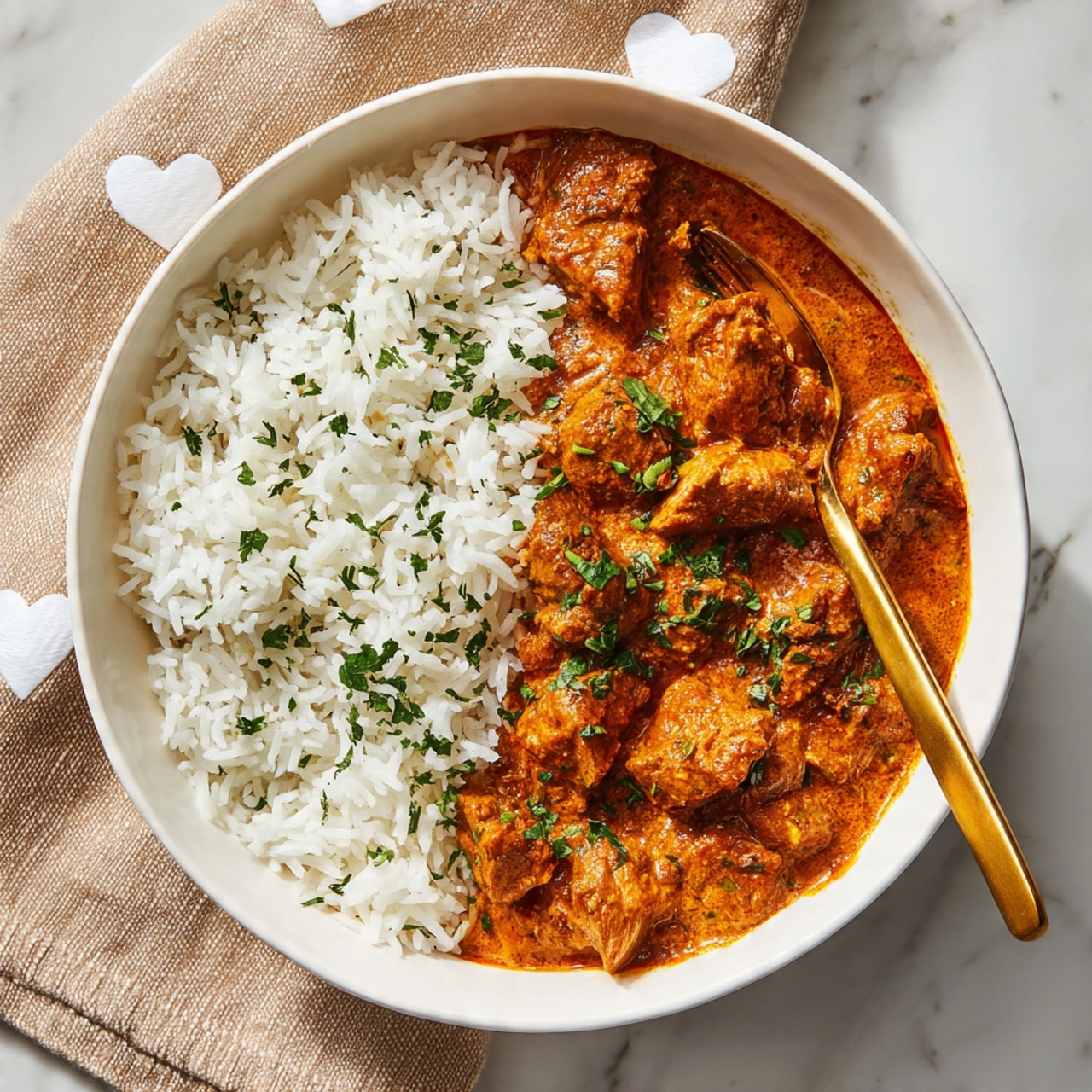 A black frying pan sits on a beige cloth with white heart shapes, filled with a thick, rich orange-red sauce with visible chunks of cooked food. The sauce is topped with uneven dollops of white cream and sprinkled with fresh green herbs. A wooden spoon is dipping into the sauce from the bottom center, lifting up a portion coated in sauce and garnished with herbs. The background is a white marbled texture. photo taken with an iphone --ar 4:5 --v 7
