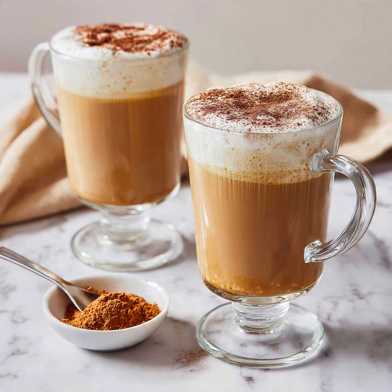 Two clear glass mugs filled with a light brown latte layered with a thick white foam on top, sprinkled with a dusting of dark brown cinnamon powder. Each mug has a clear handle and stands on a smooth glass base. In the background, a small white bowl contains cinnamon powder with a small white spoon resting inside. The scene is set on a white marbled surface with a soft beige cloth partially visible behind the mugs. Photo taken with an iphone --ar 4:5 --v 7
