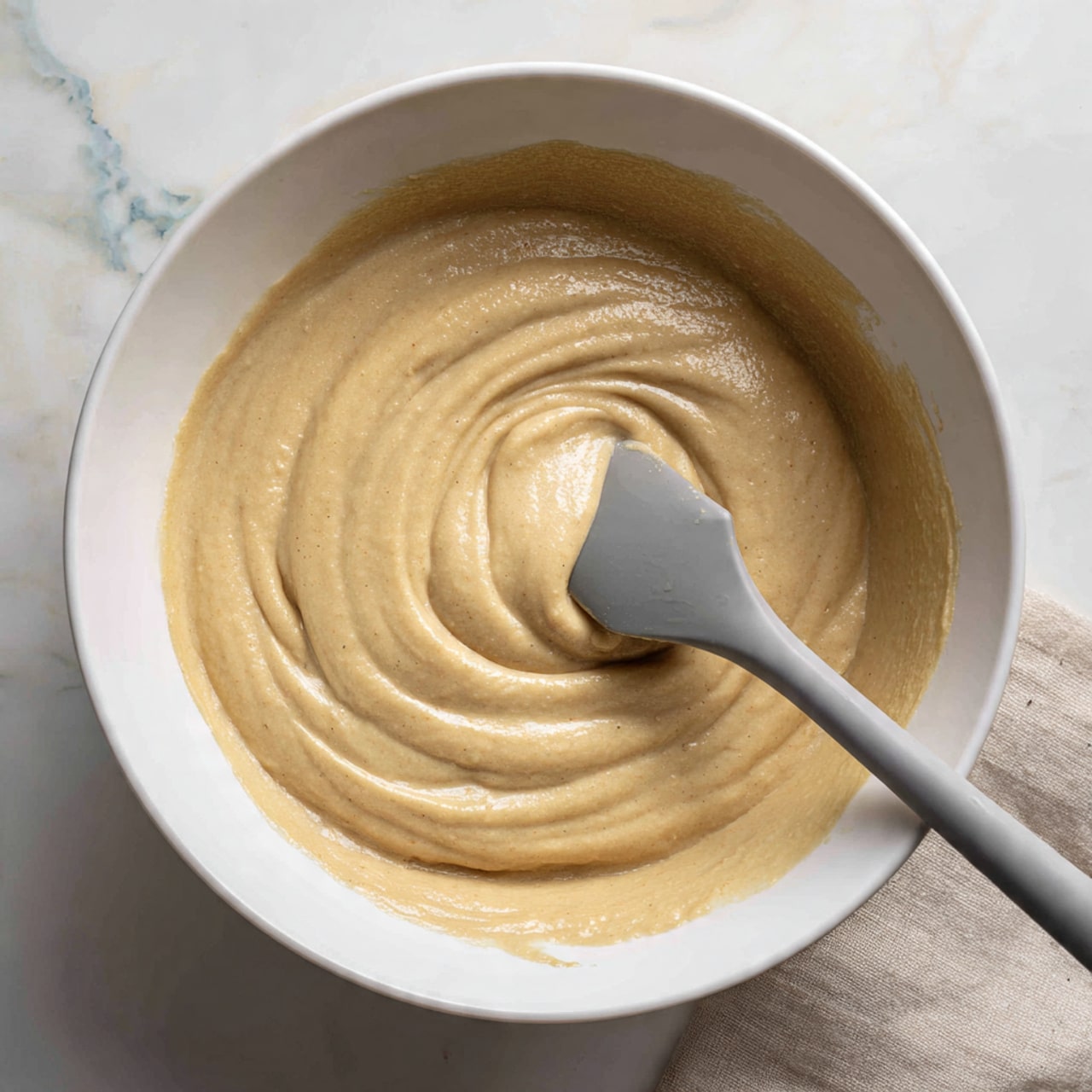 A white bowl holds a smooth, thick light brown batter with a creamy texture, swirled gently inside. A gray spatula is partially dipped into the batter, resting in the bowl, with some batter on its edge. The bowl sits on a surface with a white marbled texture, showing soft gray and light blue patterns. A small part of a beige cloth is visible at the bottom right corner of the image. photo taken with an iphone --ar 4:5 --v 7