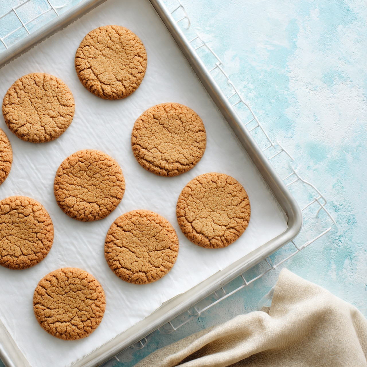 The image shows several round cookies with an uneven, cracked surface in shades of light golden brown and beige. The cookies are arranged on a silver cooling rack placed on a white marbled surface. The texture looks slightly crisp on the outside with small cracks revealing a softer inside. The cookies overlap each other in places with some arranged loosely around the rack. Photo taken with an iphone --ar 4:5 --v 7