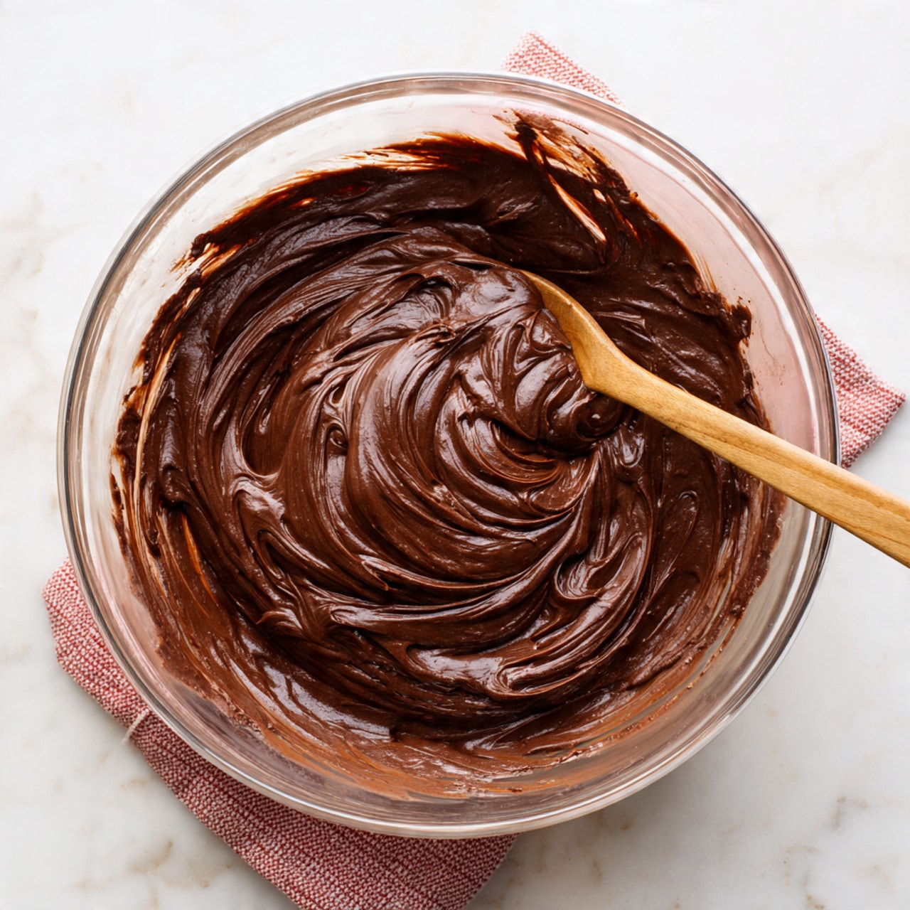 A clear glass bowl filled with smooth, thick chocolate batter that has a rich dark brown color and creamy texture. The batter shows soft swirls and peaks on the surface, with some chocolate streaks along the sides of the bowl. The bowl sits on a white marbled surface, and a wooden spoon is slightly visible at the edge. There is a hint of a red and black checkered cloth under the bowl. Photo taken with an iphone --ar 4:5 --v 7