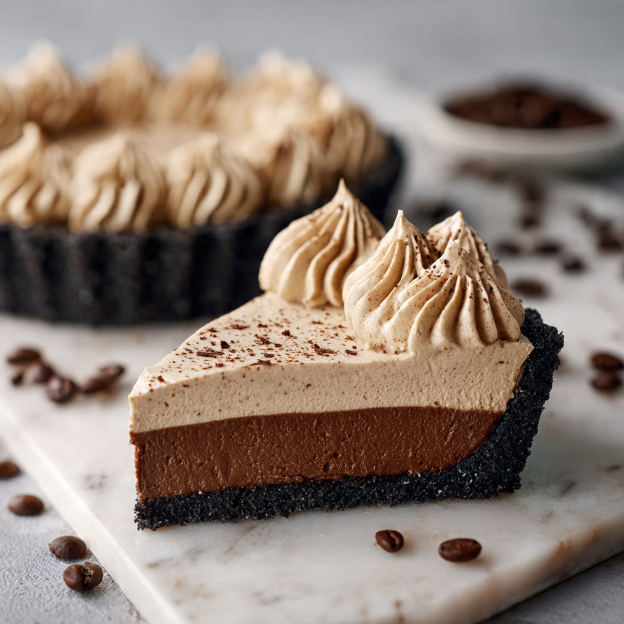 This image shows a chocolate tart with two visible layers. The bottom layer is a thick, smooth dark brown chocolate filling with a dense texture. The outer crust is thick and dark brown with a crumbly sugary coating. On top, there is a thick layer of light beige cream with swirled decorative peaks. The tart is cut into a slice and is placed on a white marbled surface surrounded by coffee beans. The whole tart is seen in the background with the slice in the front. Photo taken with an iphone --ar 4:5 --v 7